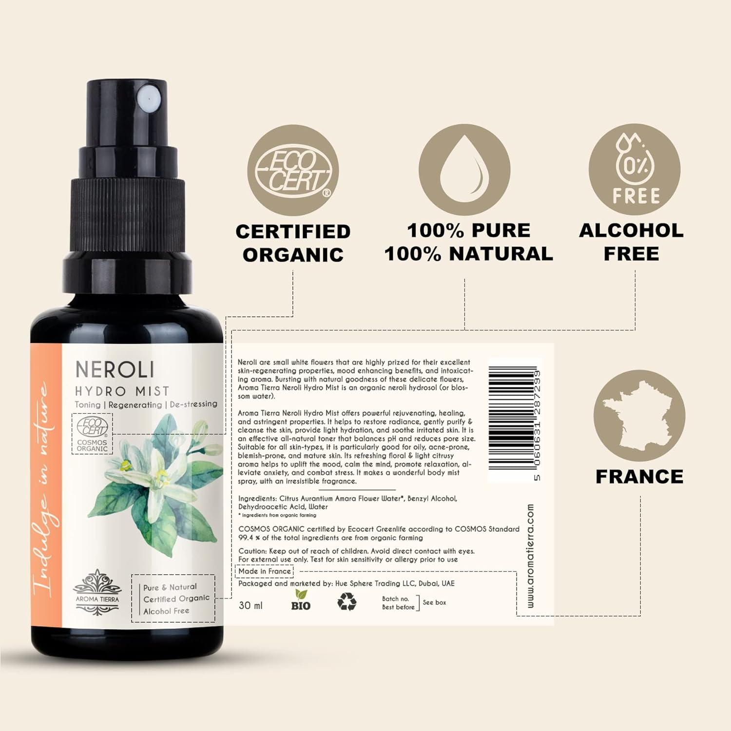 Aroma Tierra Organic Neroli Hydrosol Mist Spray (Neroli Water, Orange Blossom) - for Face, Skin, Facial Toner, Stress, Anxiety & Sleep - 100% Pure, No Alcohol - 30Ml image number 1
