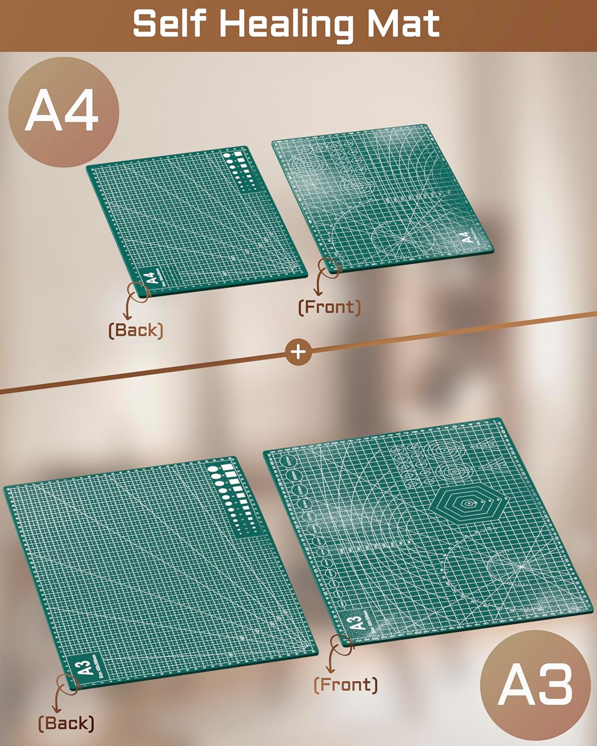 BLUEQUE Cutting Mat Self Healing - 2 Premium Rotary Cutting Mats (A3 & A4) for Sewing, Quilting, Circut, Model, Crafts, Scrapbooking & Fabric - Non-Slip, Easy-Clean Grid Cutting Board Precise Cut image number 1
