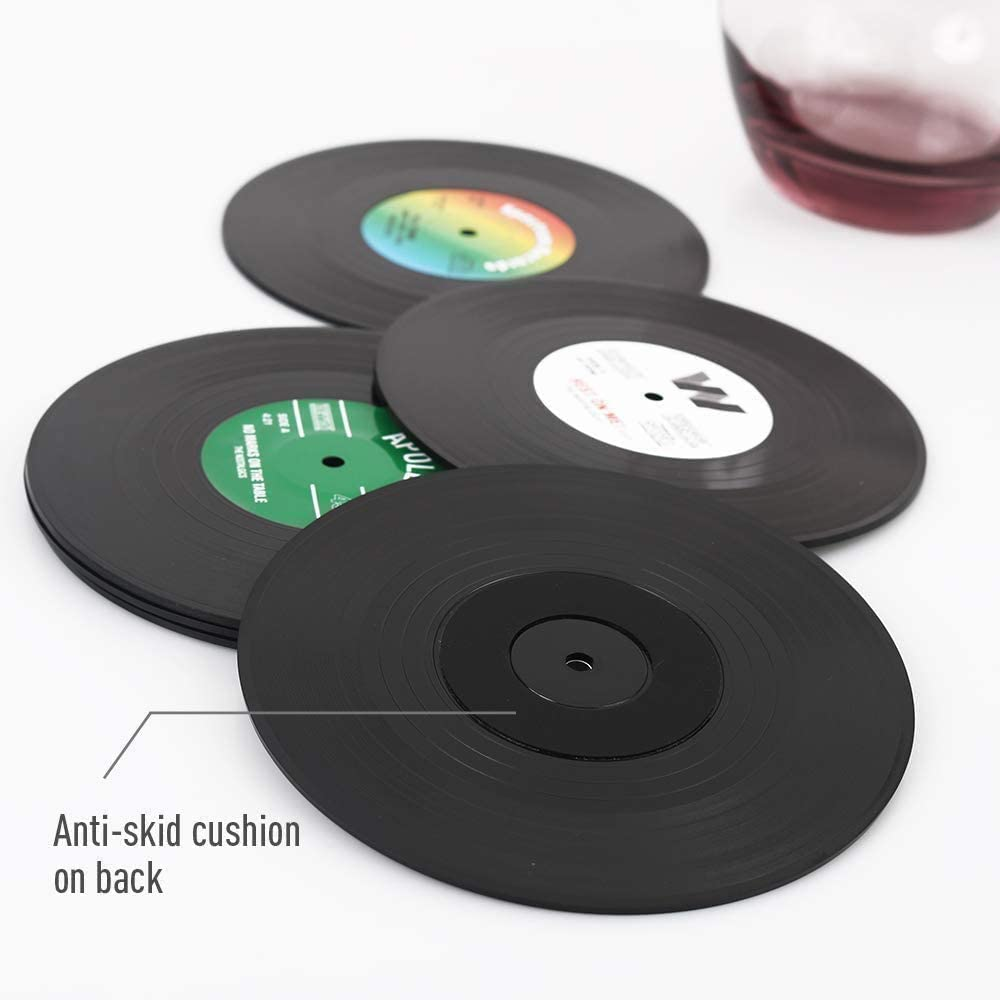 Cute Retro Music Coasters, 6Pcs Vinyl Record Cup Mat Retro Disk Drink Coaster for Music Lovers, Vinyl Record Style Drinking Coasters with Player Holder, 4.3Inch image number 5