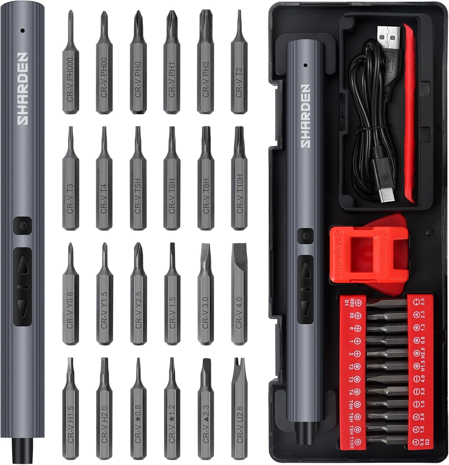 SHARDEN Mini Electric Screwdriver,29 in 1 Small Electric Screwdriver Kit with 24 Magnetic Bits,Precision Cordless Screw Driver Repair Tool for Phone Camera Laptop Watch