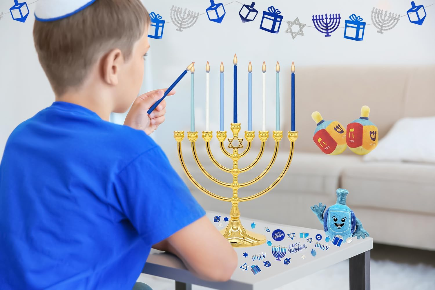 The Dreidel Company Deluxe Tapered Pastel Blue and White Hanukkah Menorah Candles for All 8 Nights of Chanukah - Muted Rainbow image number 6