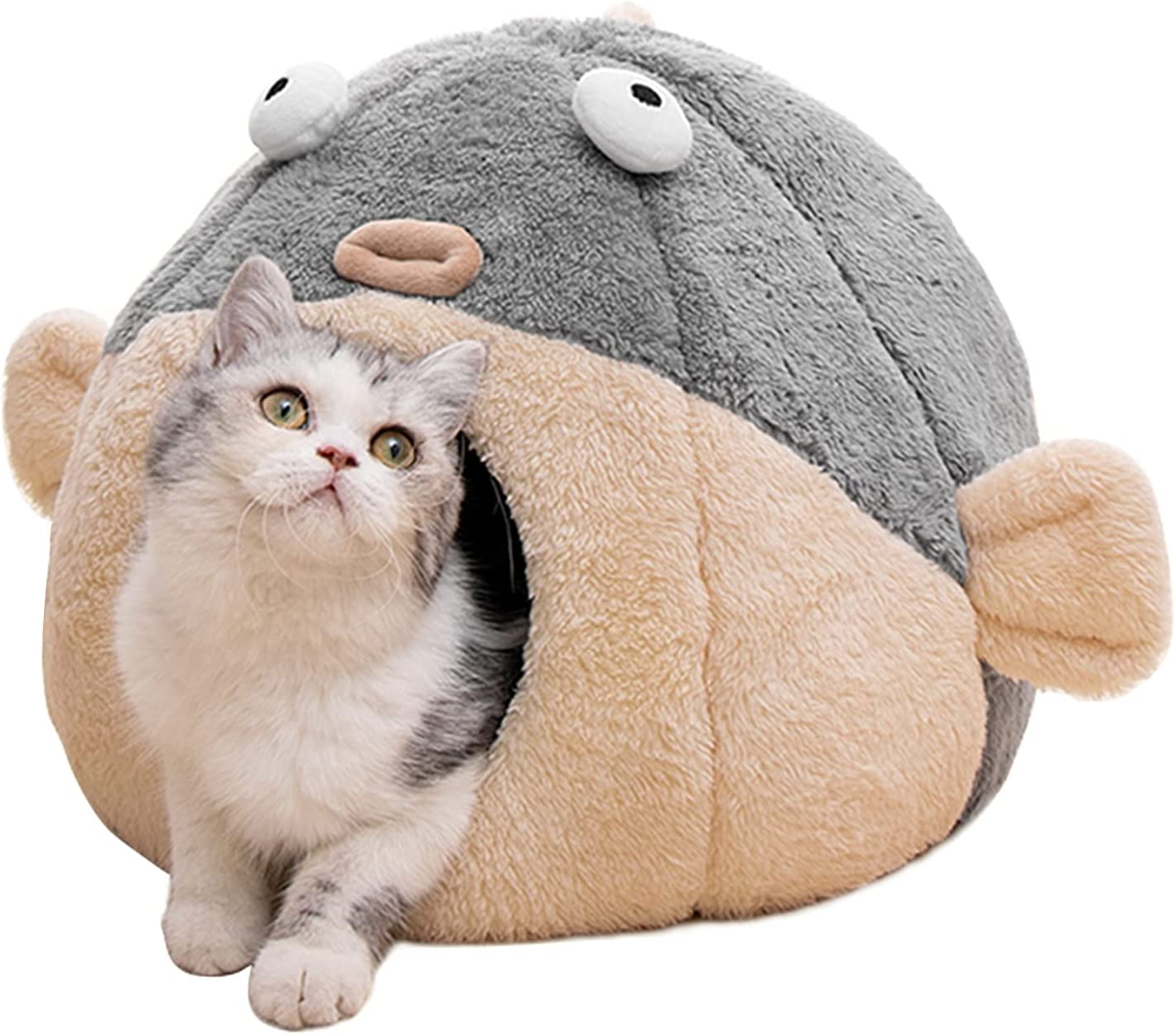 Cat Beds for Indoor Cats - Cat Bed Cave with Removable Washable Cushioned Pillow, Soft Plush Premium Cotton No Deformation Pet Bed, Lively Pufferfish Cat House Design, Grey, Multiple Sizes image number 5