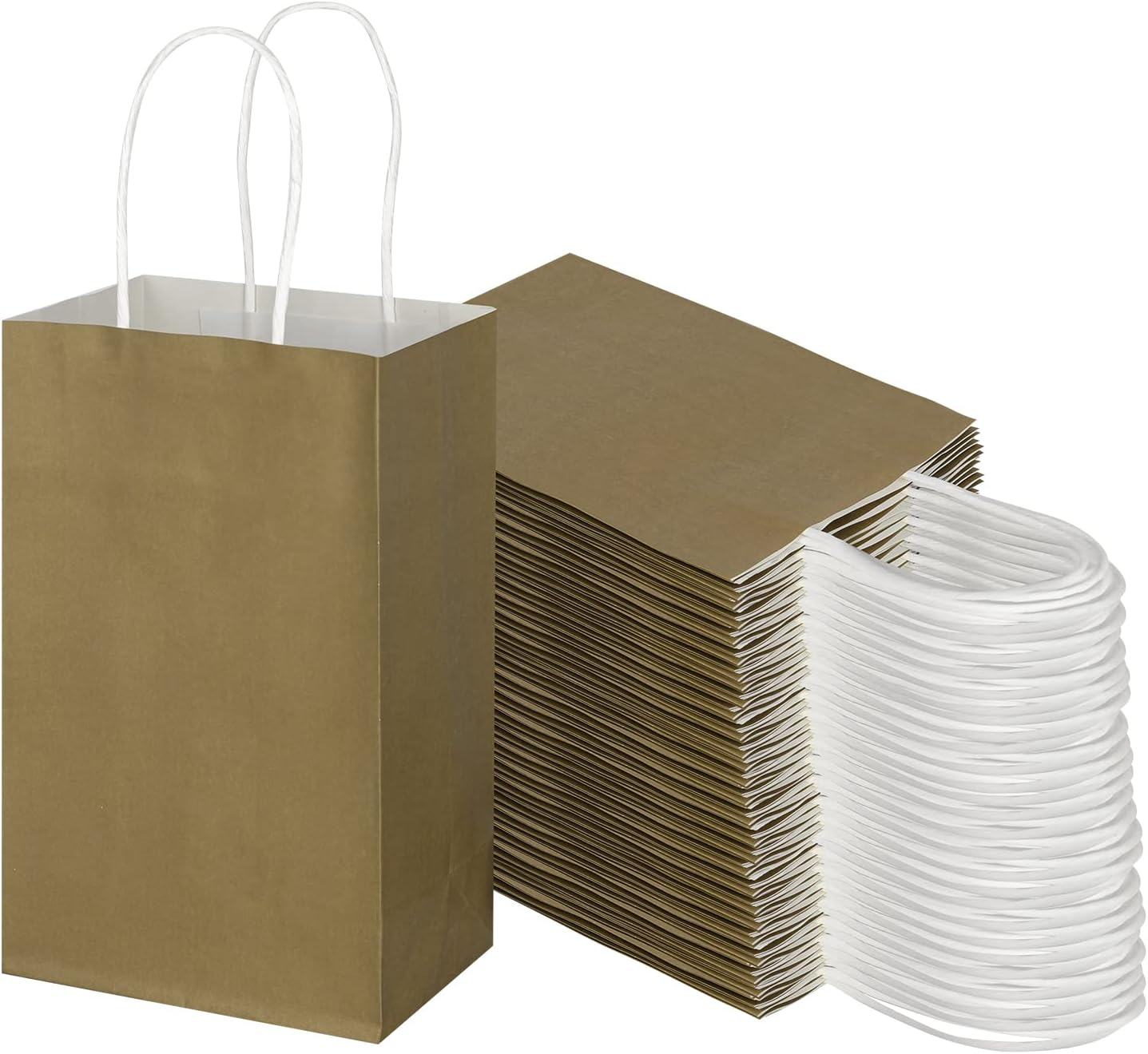 Toovip 100 Pack 5.25X3.25X8.25 Inch Small White Kraft Paper Bags with Handles Bulk, Gift Wrap Bags for Favor Grocery Retail Party Birthday Shopping Business Goody Craft Sacks Merchandise Take Out Cub