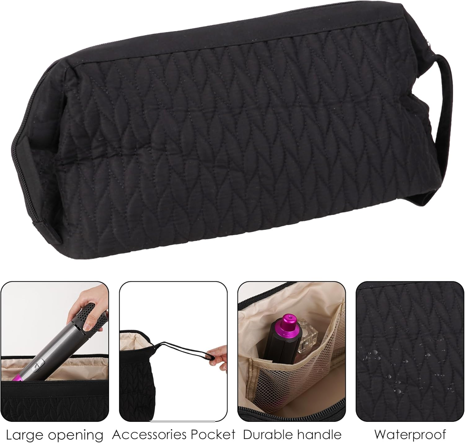DODAMOUR Hair Tools Travel Bag, Large Capacity Beauty and Salon Tools Organizer with Zipper Closure, Portable Woven Pattern Storage Carrying Case for Home, Professional, and Travel Use (Black)