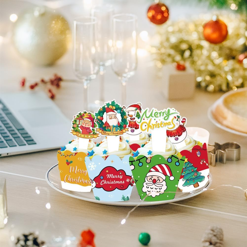 48 Pcs Christmas Cupcake Toppers and Wrappers, Christmas Party Decorations, Santa Claus Snowman Reindeer Christmas Tree Hand Cake Christmas Party Decorations Supplies image number 6