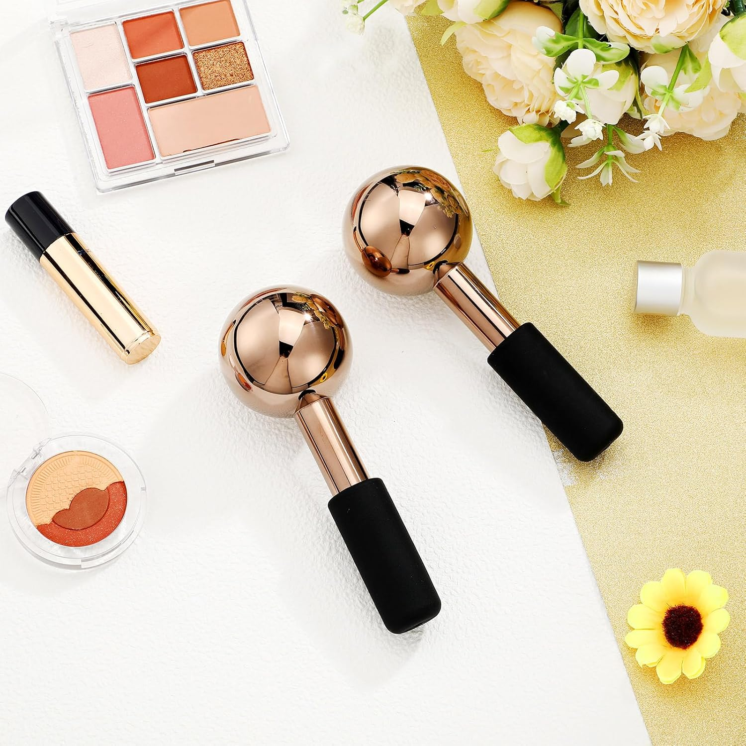 Baderke 2 Pcs Ice Globes for Facials Stainless Steel Cooling Globes Unbreakable Cooling Roller for Women Ice Balls Cryo Sticks for Face Skin Care for Dark Circles, Puffiness (Rose Gold (Black Handle)) image number 1