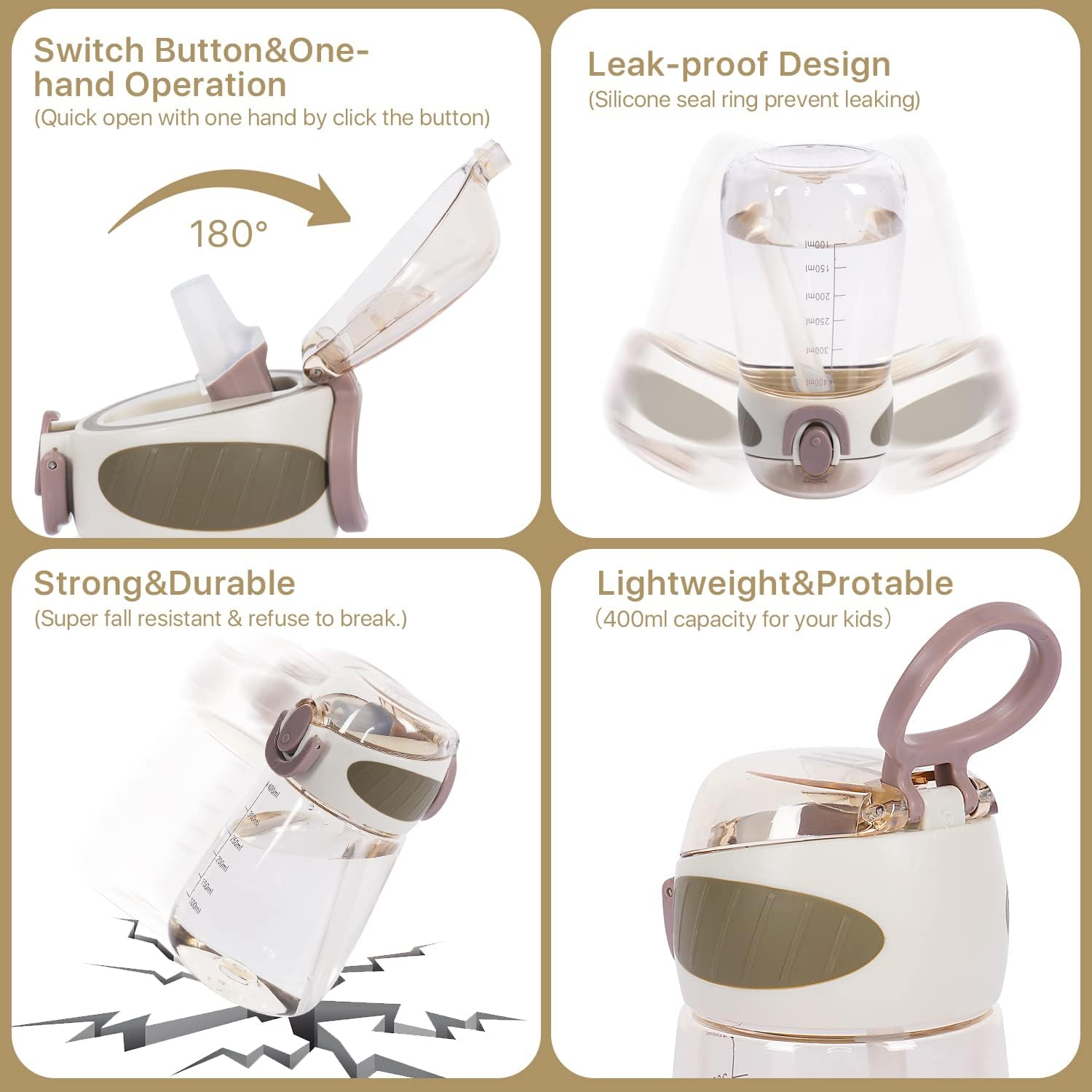 YOBOKO Water Bottle with Straw BPA Free Lightweight 14Oz Water Drinking Bottle with Handle Wide Mouth Leak Proof Cute Straw Bottle for Boys Girls Adults (Grey.) image number 6