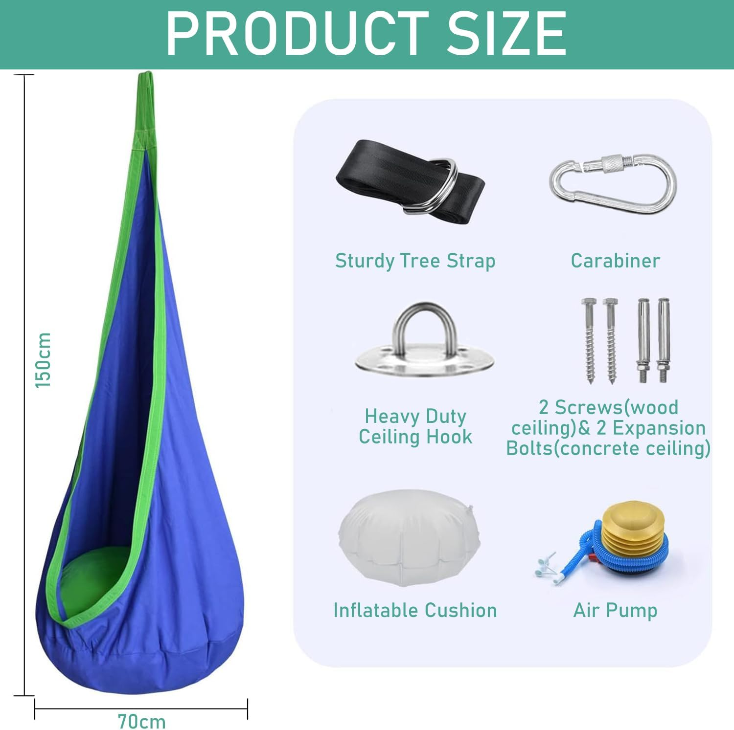 Uandhome Kids Pod Swing Seat, Hanging Pod Swing Chair with Inflatable Pillow, Sensory Swing Chair for Outdoor and Indoor,Cotton Child Swing Hammock Chair for Indoor and Outdoor Use (Blue) image number 5