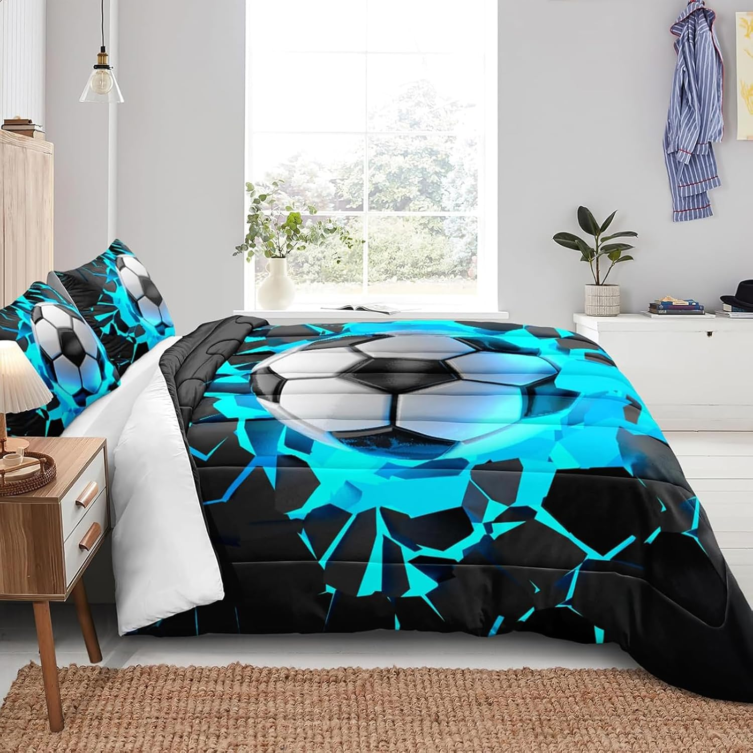 Tabeskly Kids Boys Black White Blue Football Soft Zipper Bed Bedding Duvet Cover Set Single 135&times;200Cm image number 5