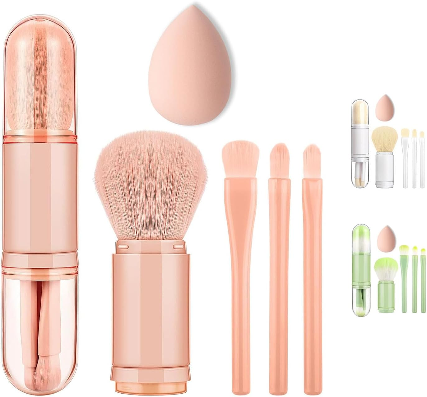 Travel Makeup Brush Set with Case, 4 in 1 Mini Cute Makeup Brush Retractable Professional Foundation Blending Powder Eye Shadow Brush for Women Facial Cosmetics Makeup Brush Set(Apricot)