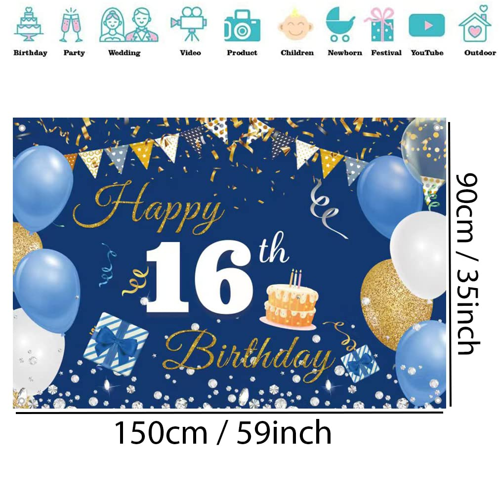 Tecreo 16Th Birthday Decorations Happy 16Th Birthday Backdrop Banner for Boys/Girls Happy 16 Years Old Fabric Sign Poster, Blue, 59"X35.4" image number 2