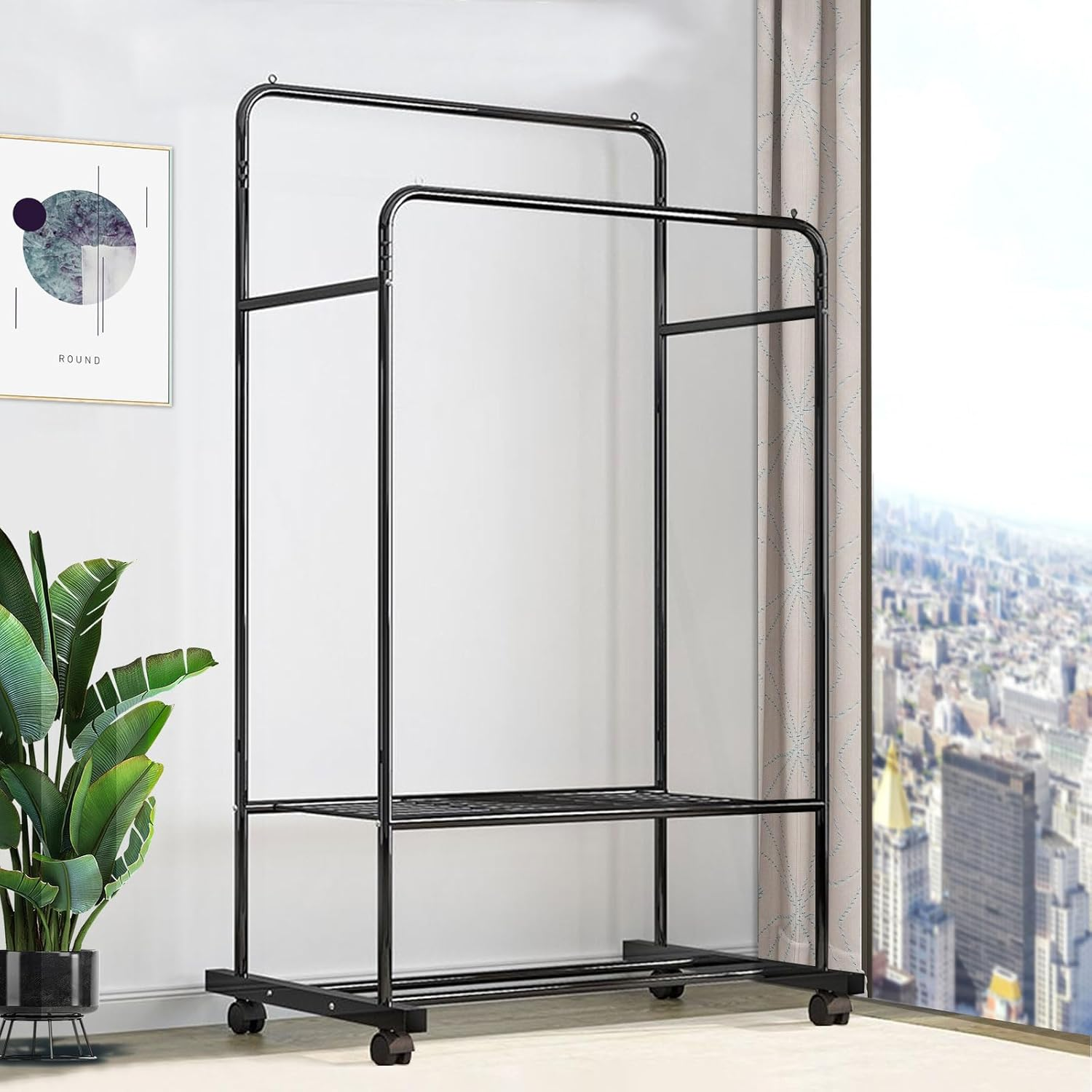 Untyo Clothing Rack with Wheels Double Rails Clothes Rack Rolling Rack for Indoor Bedroom Clothes Rack Max Load 110LBS Shelf on Wheels(Balck) - White image number 3