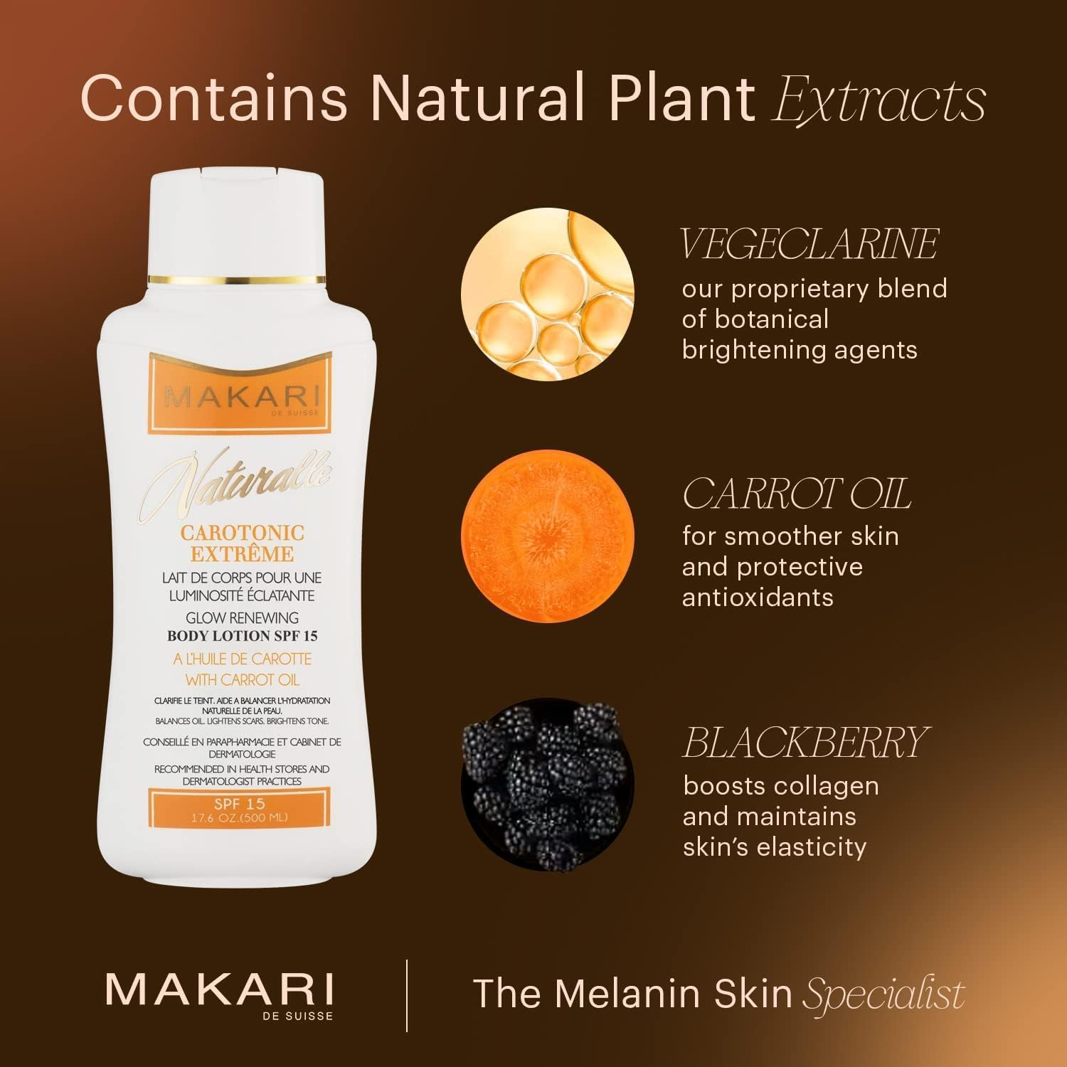 Makari Carotonic Extreme Glow Renewing Body Lotion, Infused with Carrot Oil & SPF 15, Helps Oil Control & Acne Treatment for Blemishes, Reduces Dark Spots & Hyperpigmentation, Boosts Brightening & Radiance, Provides Moisturizing & Hydrating Skin, Anti-Aging Formula for Oily & Combination Skin, 520Ml (17.6 Oz) image number 5