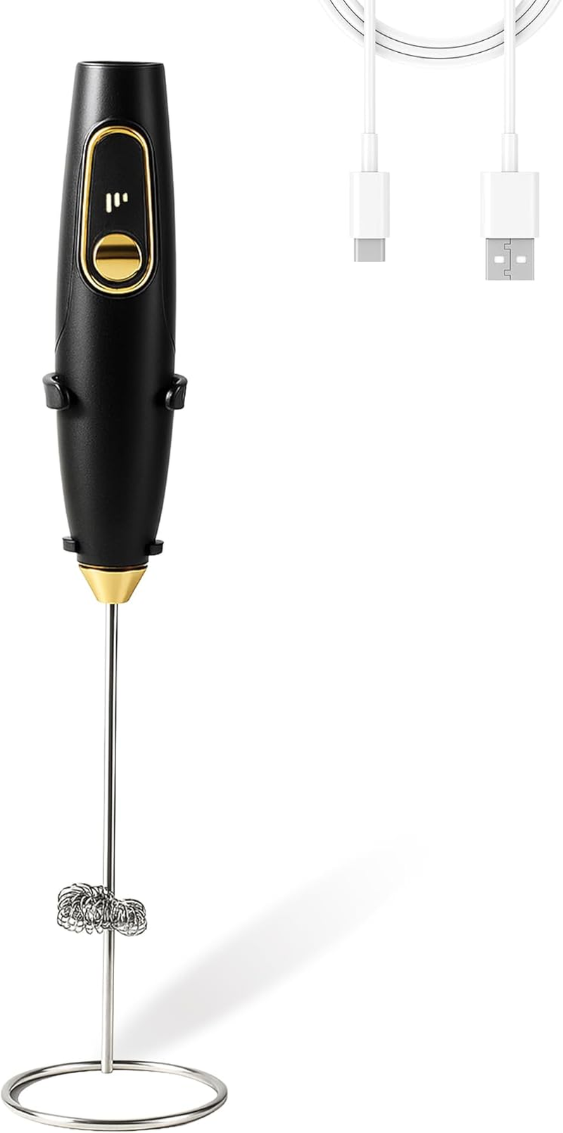 Handheld Milk Frother Rechargeable Electric Drink Mixer Powerful Quiet Operation 3 Speed Settings USB Fast Charging Mini Size (Black with Stand)