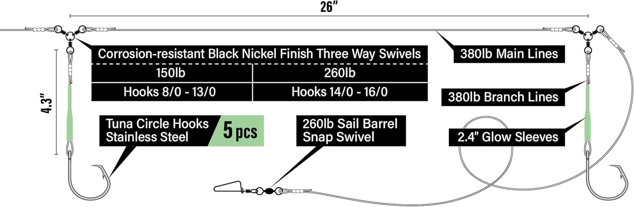 Deep Drop Rig, 5 Stainless Steel Tuna Circle Hooks with Glow Sleeves, Snapper, Tilefish Rig, Saltwater Offshore, Hooks Size 8/0, 9/0, 10/0, 11/0, 12/0, 13/0, 14/0, 15/0, 16/0 image number 4