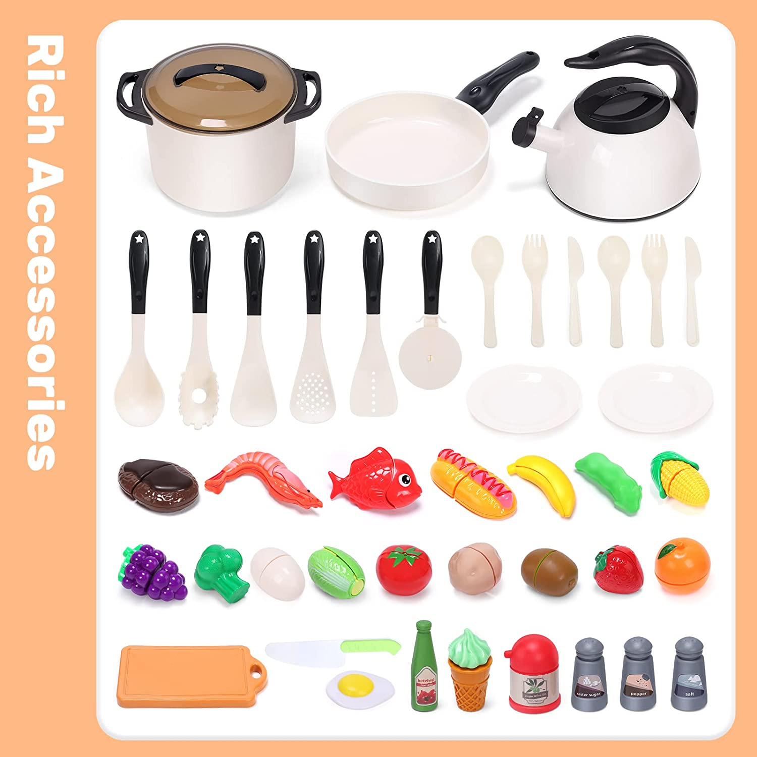 CUTE STONE Play Kitchen Accessories Toy, Play Food Sets for Kids, Pretend Kitchen Set for Kids with Play Pots, Pans, Toddler Cooking Toys for Girls Boys image number 5