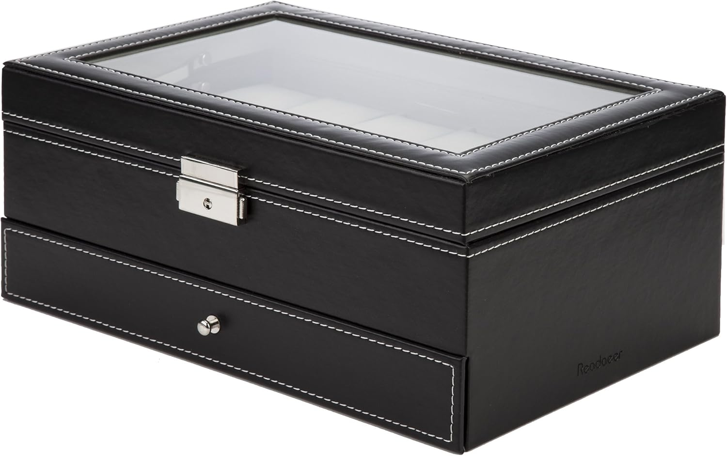 Readaeer Black Leather Watch Box Jewelry Display Case with Drawers, Jewelry Box (12 Slots with 2 Layers) image number 2