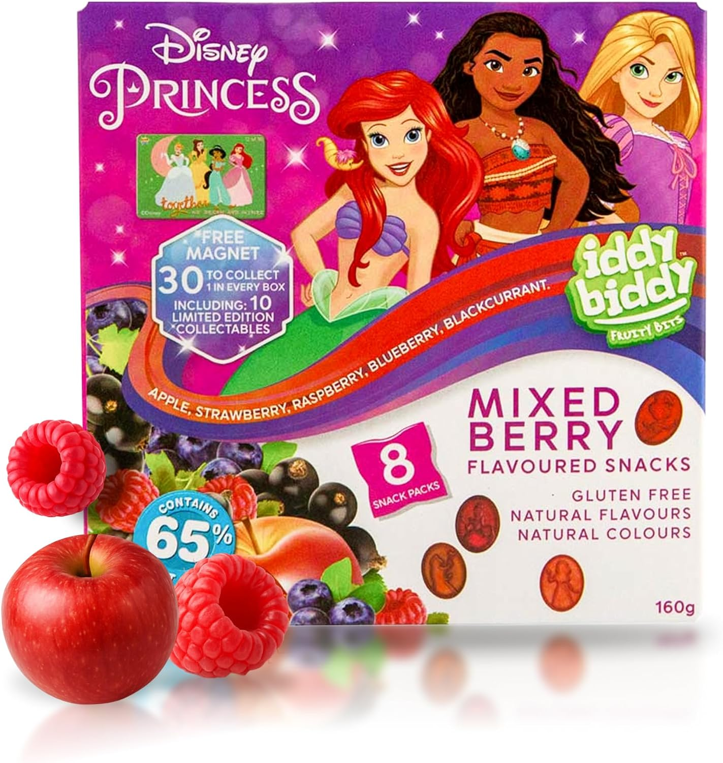 Iddy Biddy Disney Princess Fruit Snack, Mixed Berry, 8 Snack Pack, 160G - Gluten Free, Natural Colours & Flavours, 65% Fruit Juice, Kids Lunch Box Treats image number 1