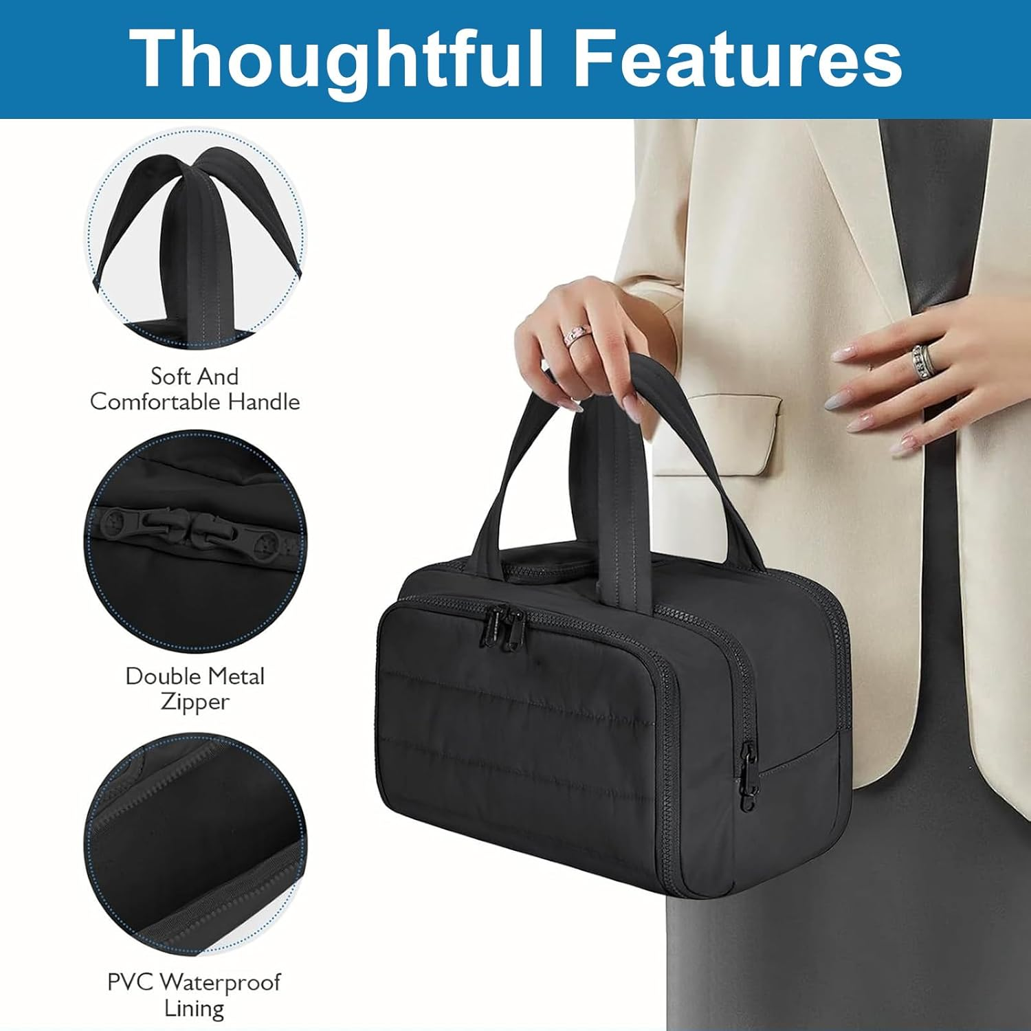 Travel Toiletry Bag, Puff Large Capacity Lightweight Wide-Open Travel Cosmetic Bag, 4 in 1 Multi-Functional Bag for Women, Waterproof Portable with Divider & Handle, Dry and Wet Separation (Black) image number 6