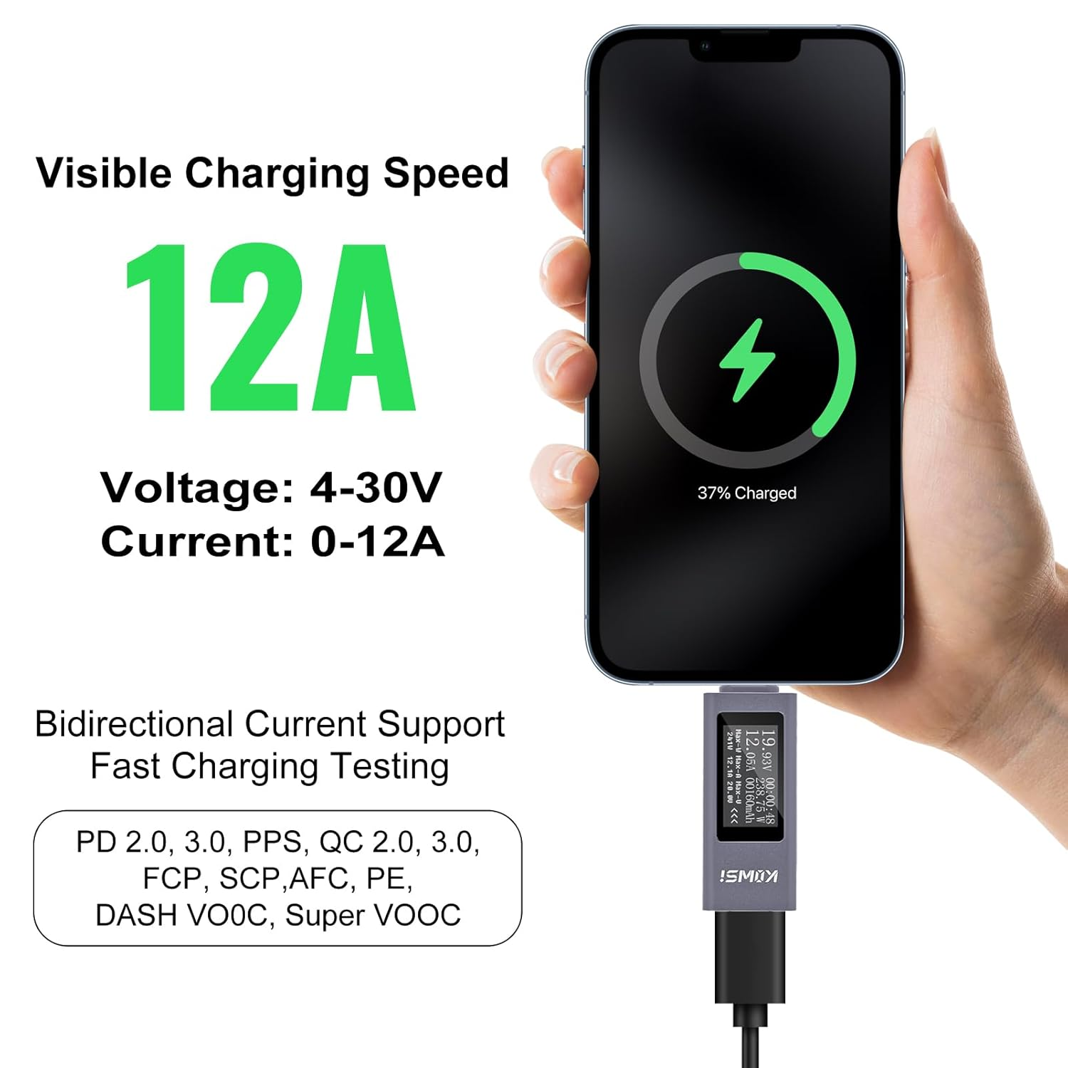 QCCAN Type-C Tester Power Meter, 4-30V 0-12A Digital Multimeter, OLED Large Screen Type-C Interface Voltage and Current Tester Meter, Tester for Charger Power Bank Capacity Detector image number 3