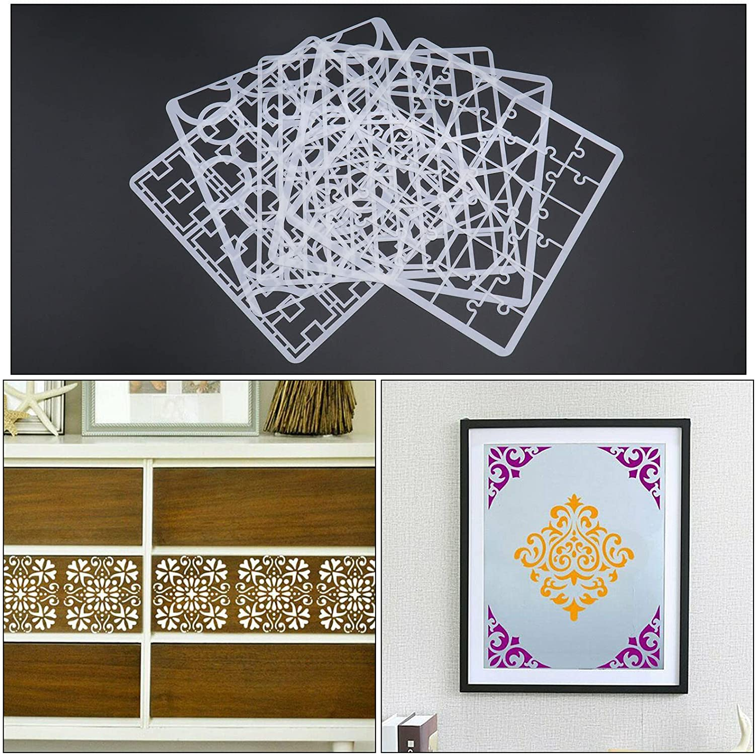 Emsea 16PCS Geometric Stencils Painting Templates Set for Scrapbooking Tile Furniture Wall Floor Decor Craft Drawing DIY Art Supplies 20X20Cm image number 5