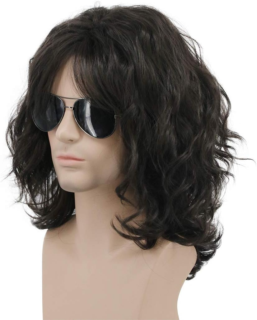 Karlery California 70S 80S Rocker Wig Men Women Long Curly Dark Brown Halloween Costume Anime Wig