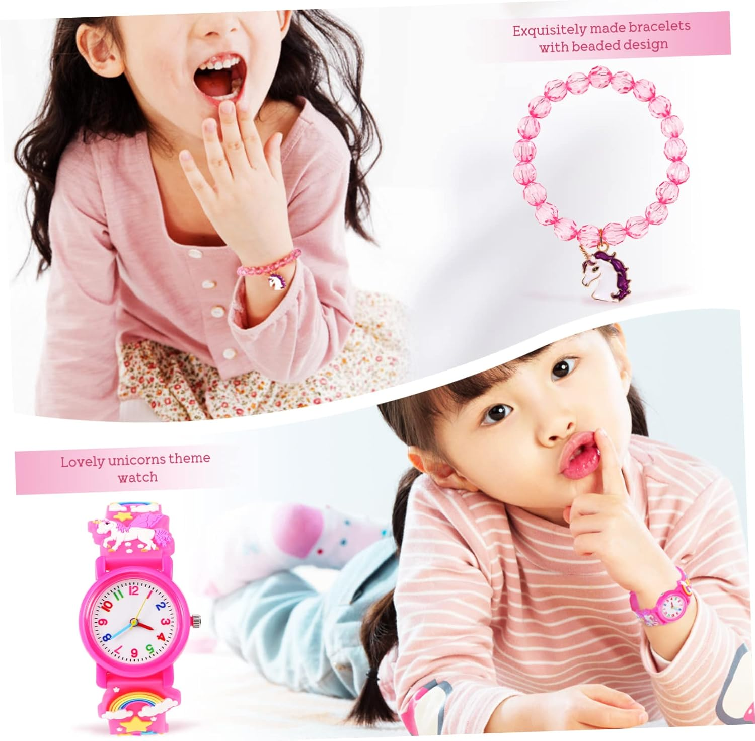 LIFKOME 1Set Unicorn Watch and Bracelet for Girls Digital Cartoon Wristwatch with Beaded Unicorn Bracelet Present for Boy Girl Birthdays and Festivals image number 1