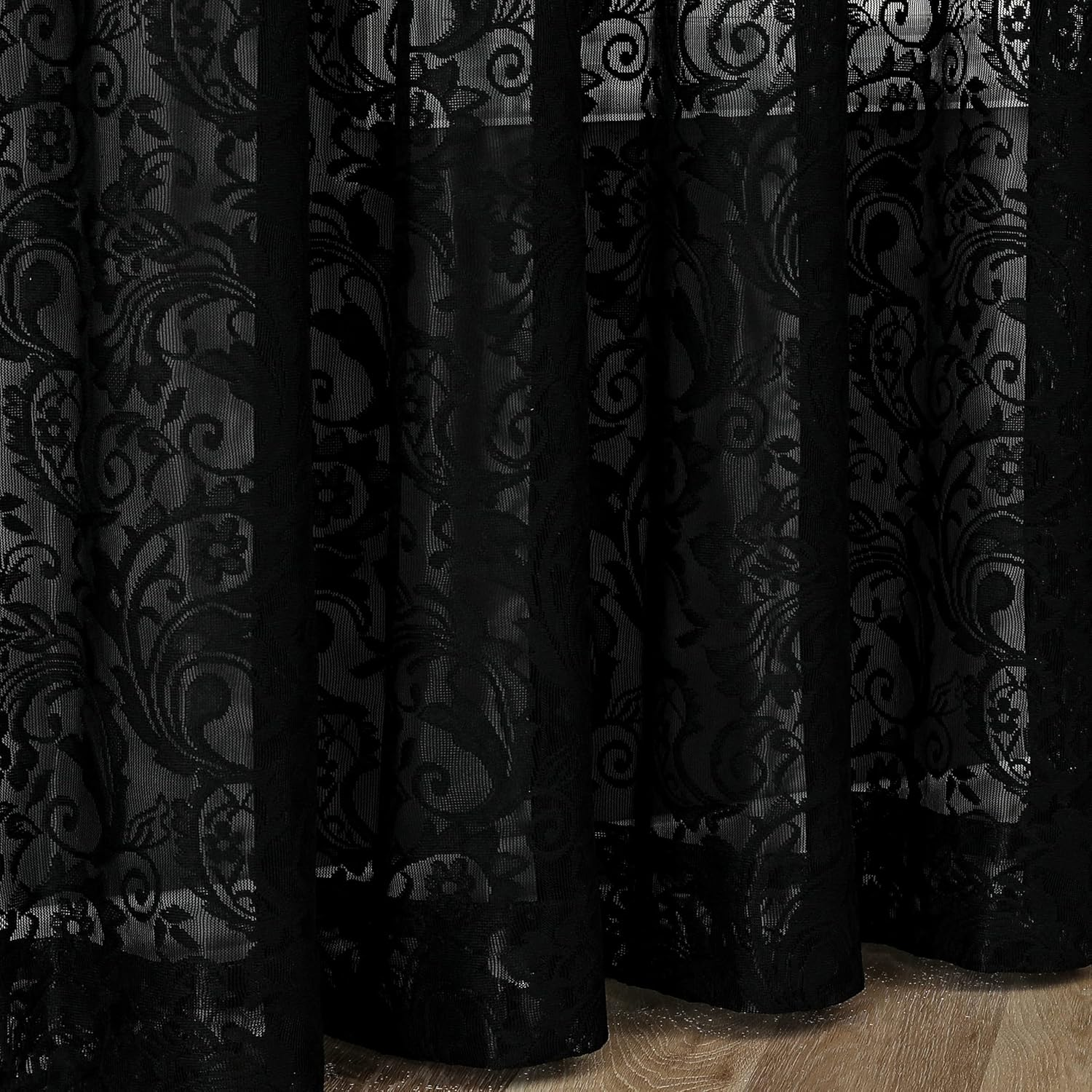 Bujasso Black Sheer Lace Curtains 84 Inch Vintage Floral Sheer Gothic Curtain Panels for Living Room Bedroom Luxury Light Filtering Drapes Black Window Treatment Sets Rod Pocket 2 Panels 54" Wx84 L image number 6