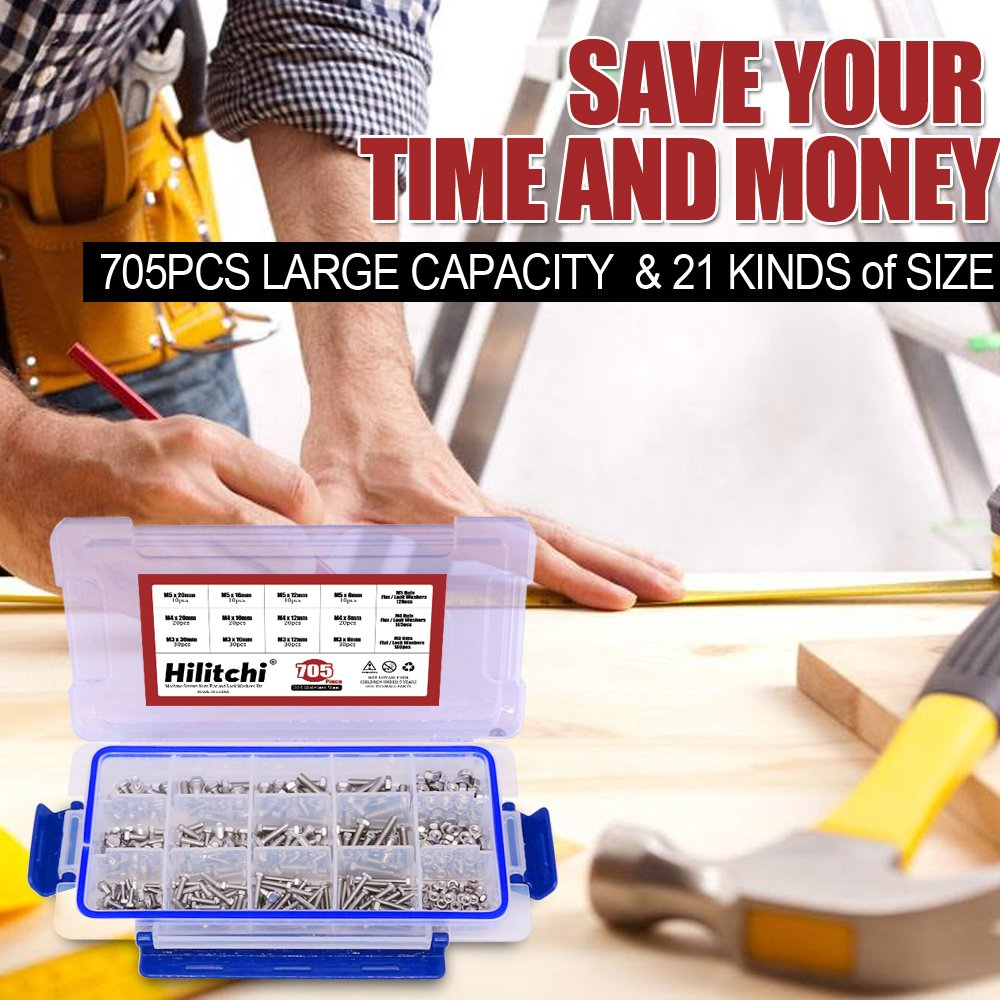 Hilitchi 705-Pcs M3 M4 M5 Hex Hexagon Head Cap Machine Screws Bolts Nuts Flat and Lock Washers Assortment Kit, 304 Stainless Steel, 8 to 20Mm Length, Full Thread image number 4