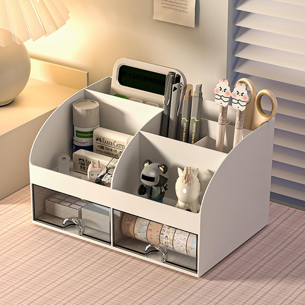 Desktop Storage Box with 7 Compartments, Office Desk Organizers Drawer Organizer Plastic Desktop Organiser for Stationery Supplies for Pencils Markers Erasers Pens image number 3