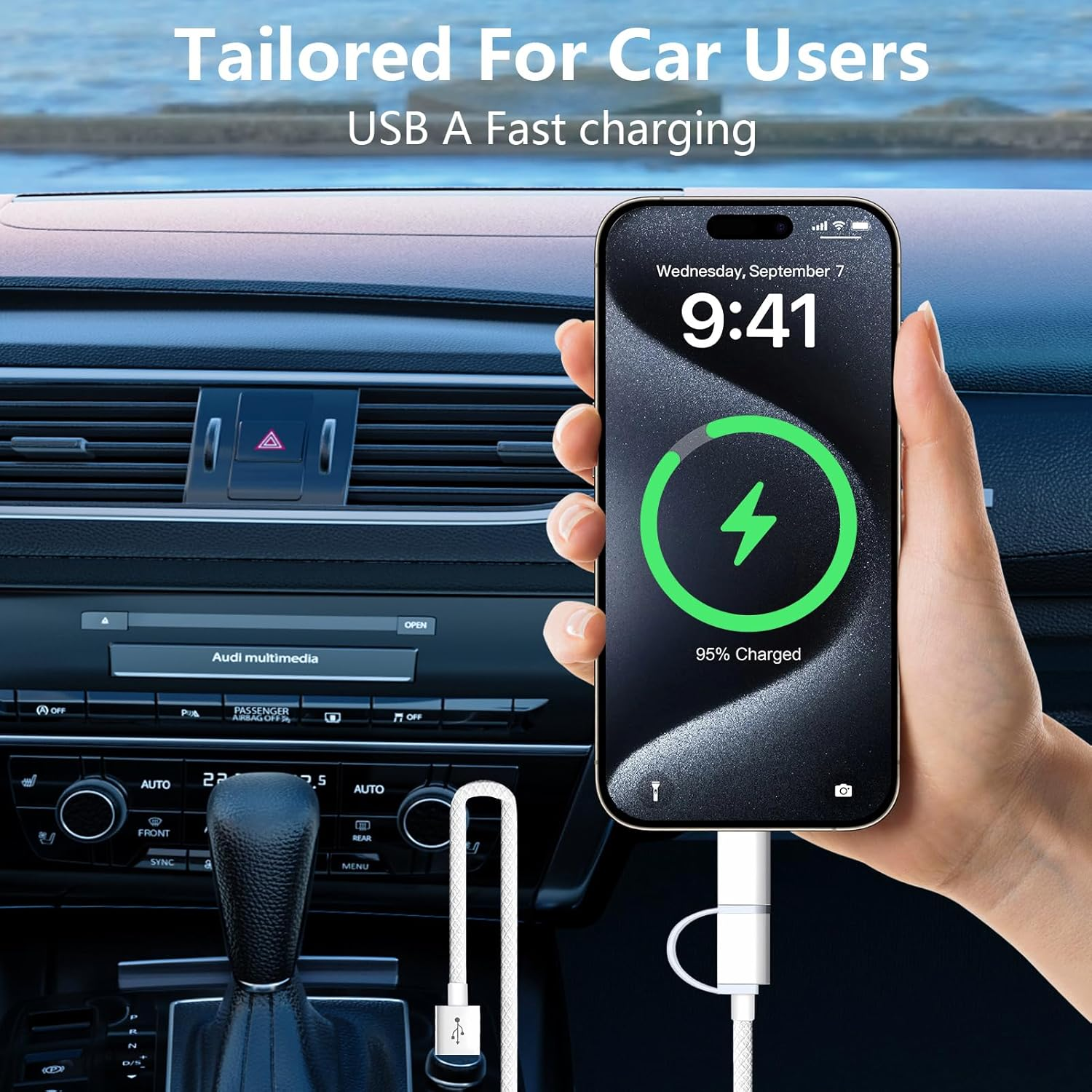 AMITOME 2 in 1 USB a to IP and USB C Car Cable 1M,60W Braided Fast Charging Cord Power Delivery for Iphone Charging Cord Compatible with Iphone 16 15 14 13 12 11 Pro Max Mini XS XR image number 1