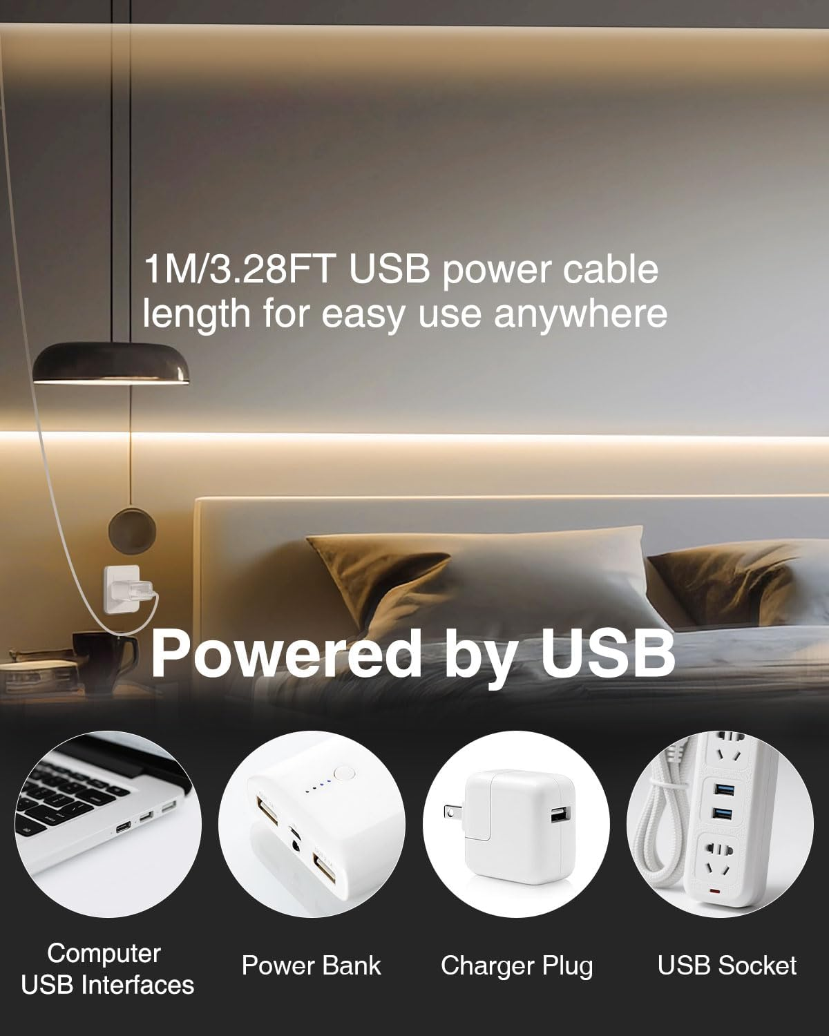 Aclorol USB COB LED Strip 1 M Warm White 3000 K Flexible Cut LED Strip Self-Adhesive for TV Backlight Living Room Mirror Wardrobe Lighting 320Leds/M 8 Mm Width (Pack of 2) image number 5