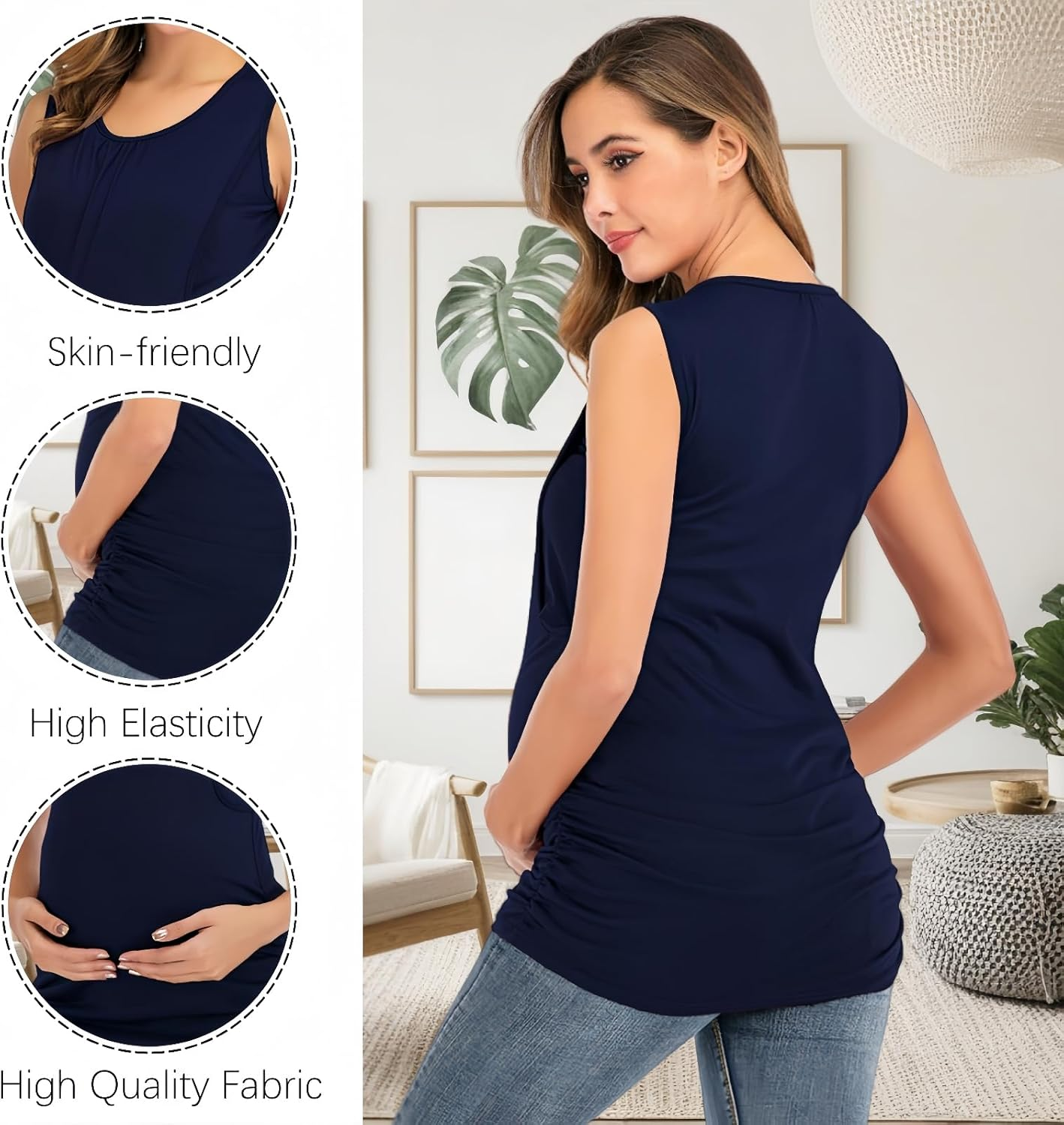 Women Sleeveless Maternity Tops Ruched Nursing Vest Tank Top Lift-Up Breastfeeding Shirts Soild Color round Neck Summer Casual Pregnancy Clothes image number 4
