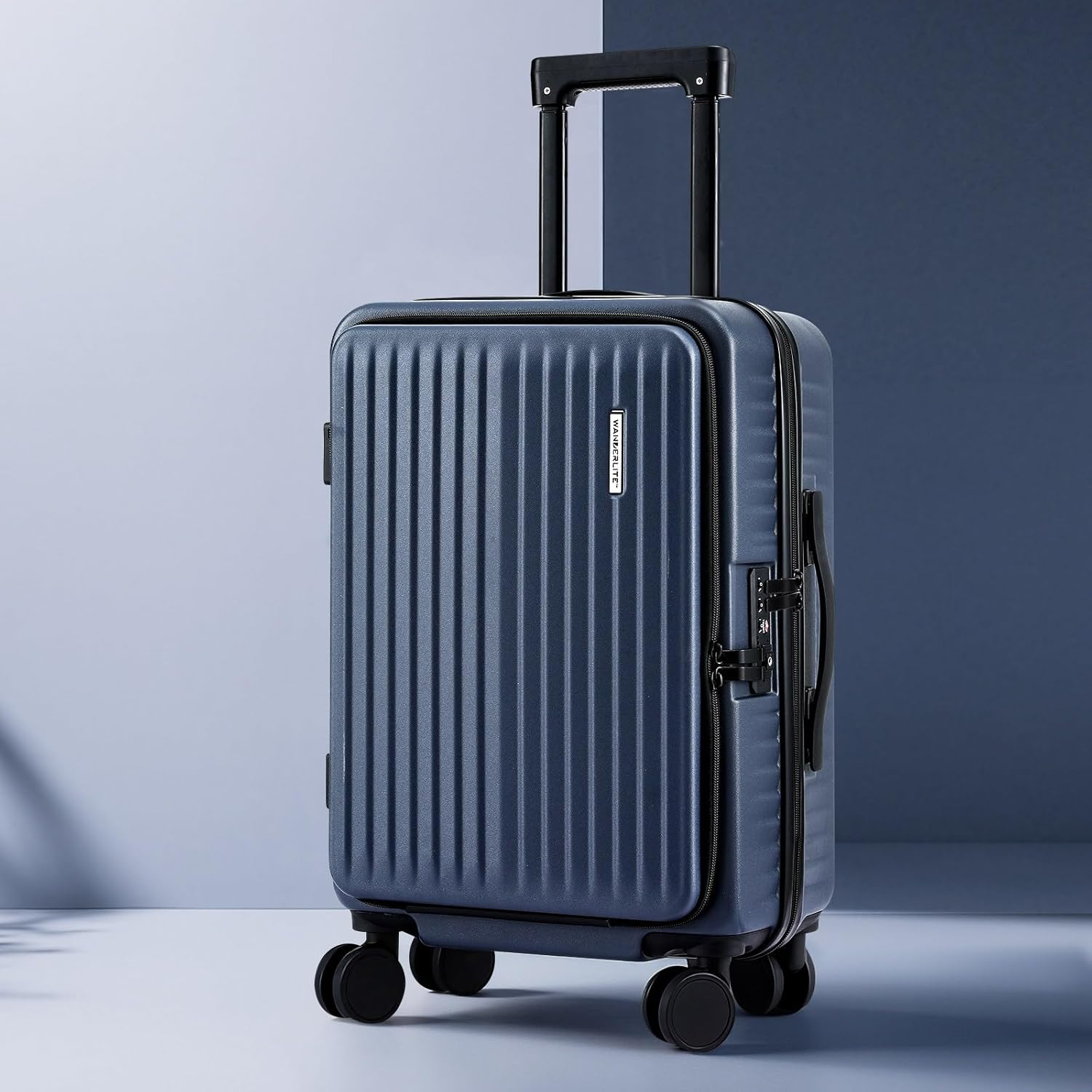 Wanderlite 20'' Luggage, Suitcase with Front Pocket & Dual TSA Locks, Carry on Luggage with Phone Holder & Hook, Lightweight Hardshell, Airline Approved, Navy - White image number 7