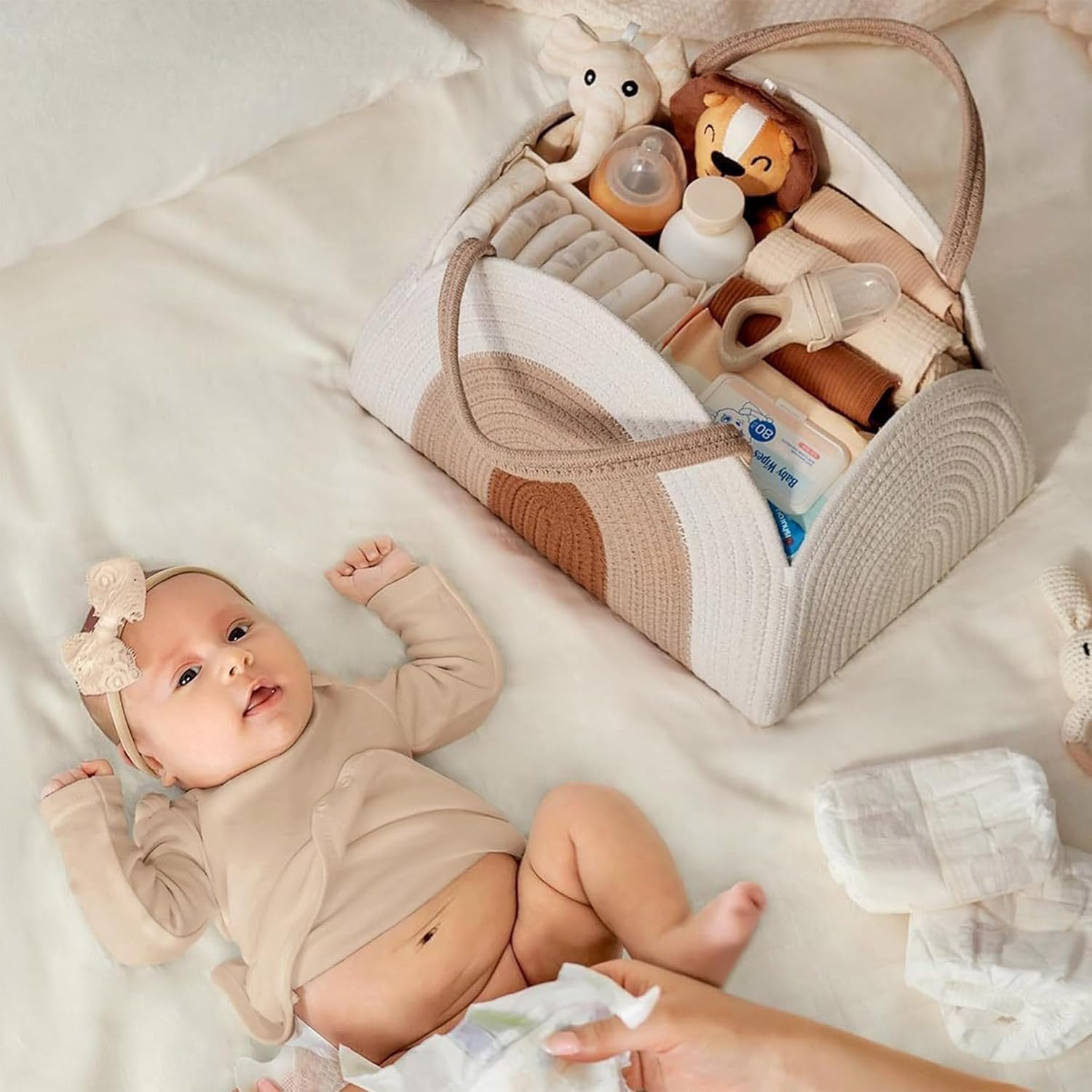 YUEMING Nappy Caddy, Baby Nappy Organiser, Cotton Rope Newborn Essentials Diaper Caddy with Dividers, Portable Baby Caddy Storage Basket, White image number 6