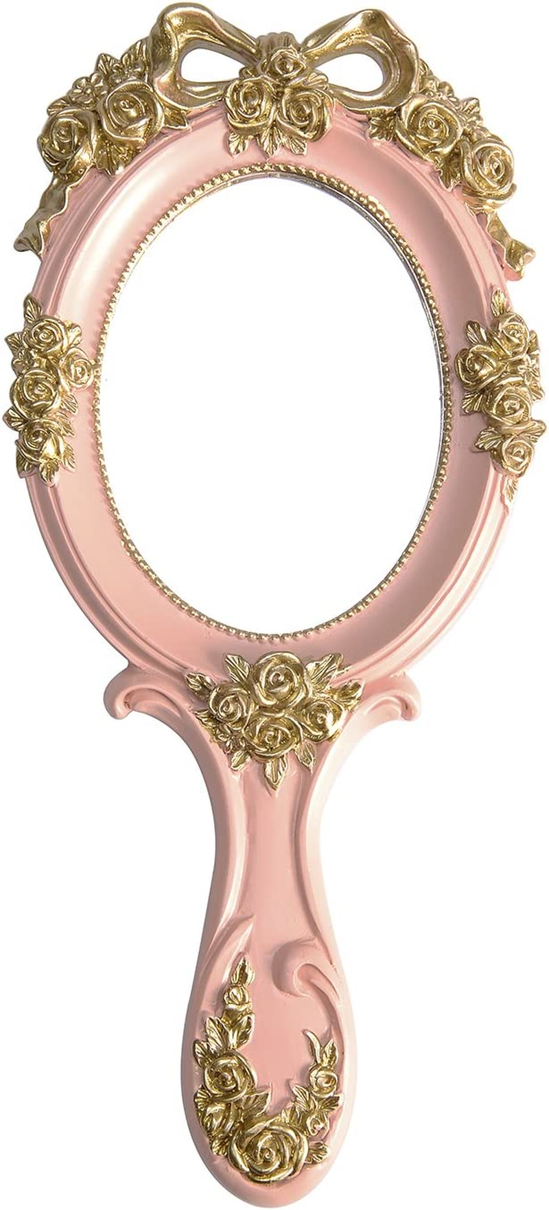 Nerien Vintage Style Rose Hand Held Mirror Princess Oval Vanity Mirror Pink image number 2