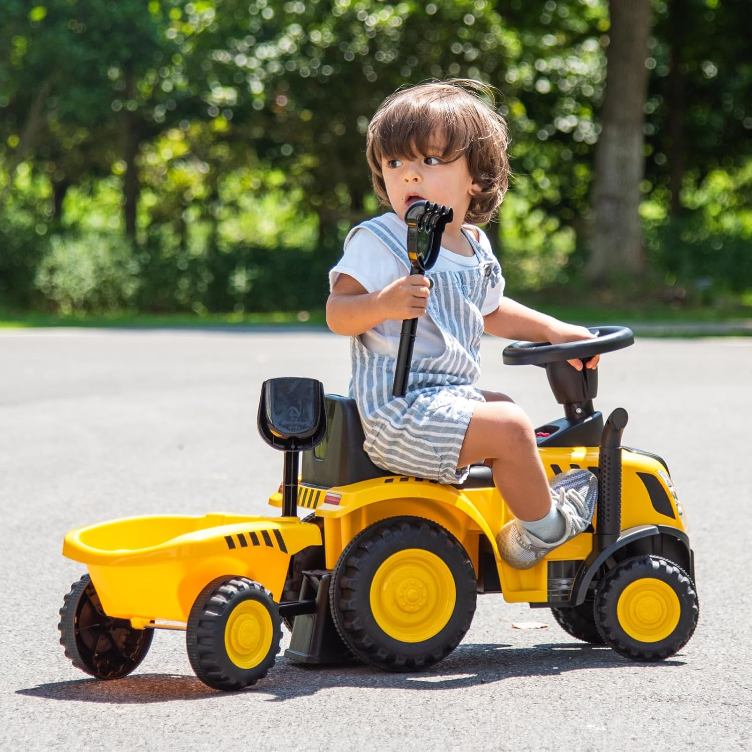 HONEY JOY Kids Ride on Tractor, Licensed Caterpillar Foot to Floor Sliding Car with Detachable Trailer, Shovel, Rake, Horn, Engine Sound, LED Lights & 6 Wheels, No Power Walking for Aged 1.5-3 image number 5