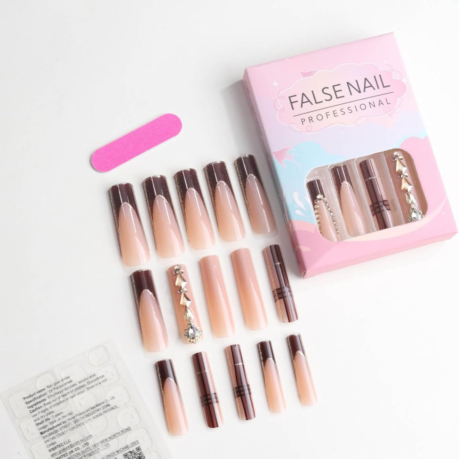 SEENEEY Square Press on Nails Long Brown French Tip Acrylic False Nails with Designs for Women (24PCS) image number 3