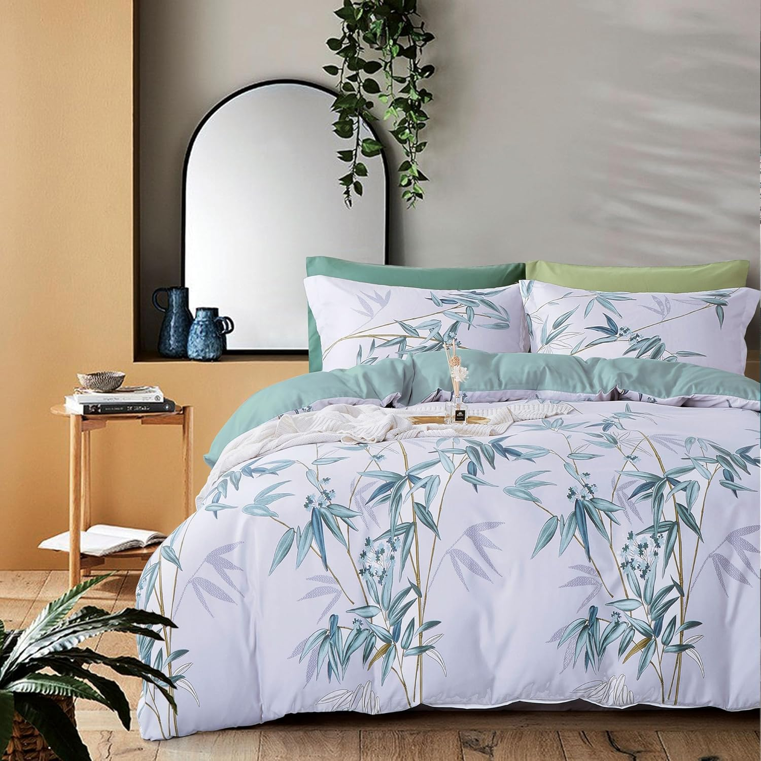 Luxton Oriental Bamboo Quilt Cover Set, King Size 3Pcs Green Botanical Leaf Quilt Cover Set (King Size)