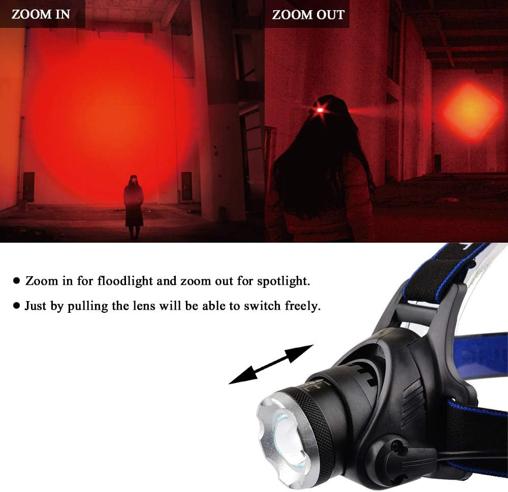 Hunting Red Light Headlamp Zoomable LED Headlight with 3 Lighting Mode and Water Resistant for Running Camping Hiking Reading.
