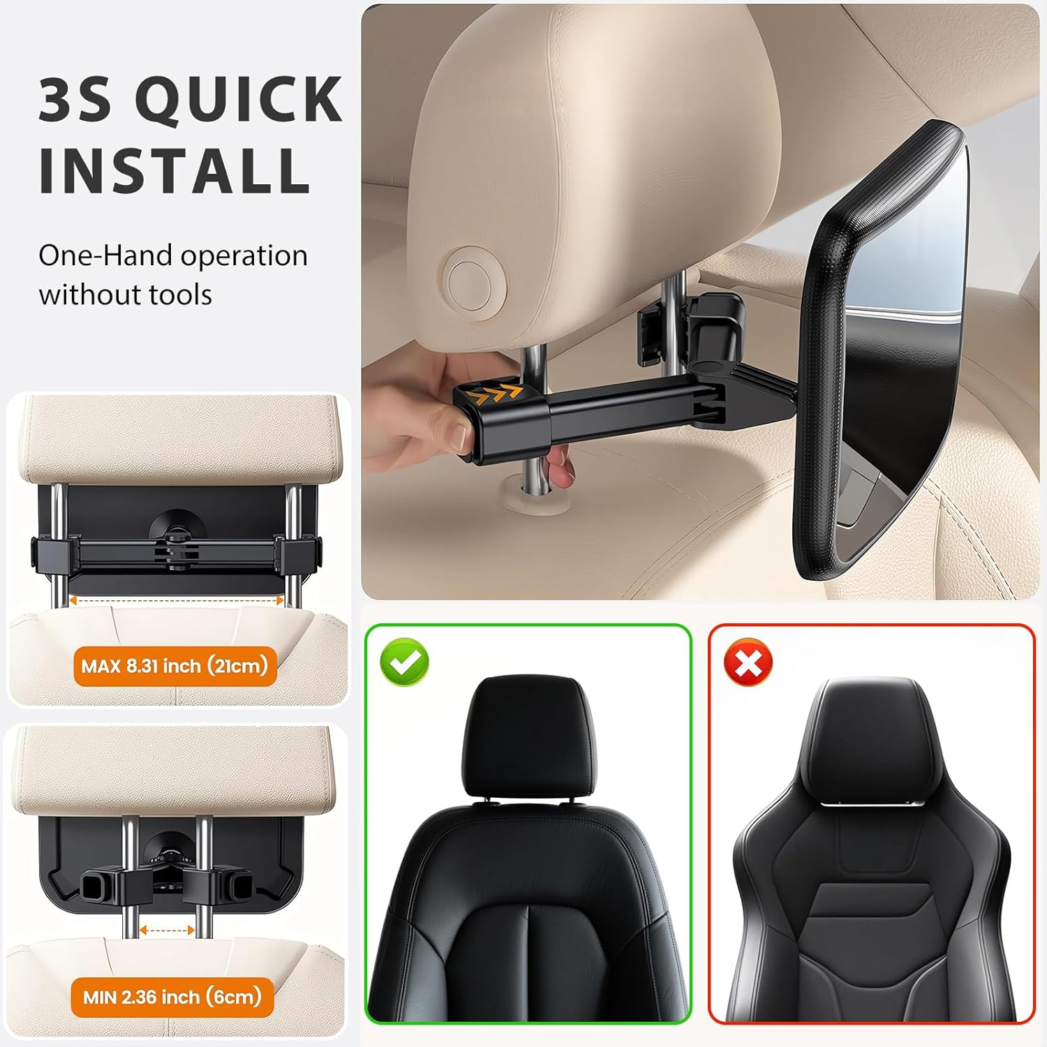 Baby Car Mirror with Night Light, Safety Shatterproof Car Seat Mirror for Child, Hook Clip Design Never Shake, Wide Clear View & 360&deg; Rotation Adjustable Car Mirror, New Born Baby Essentials