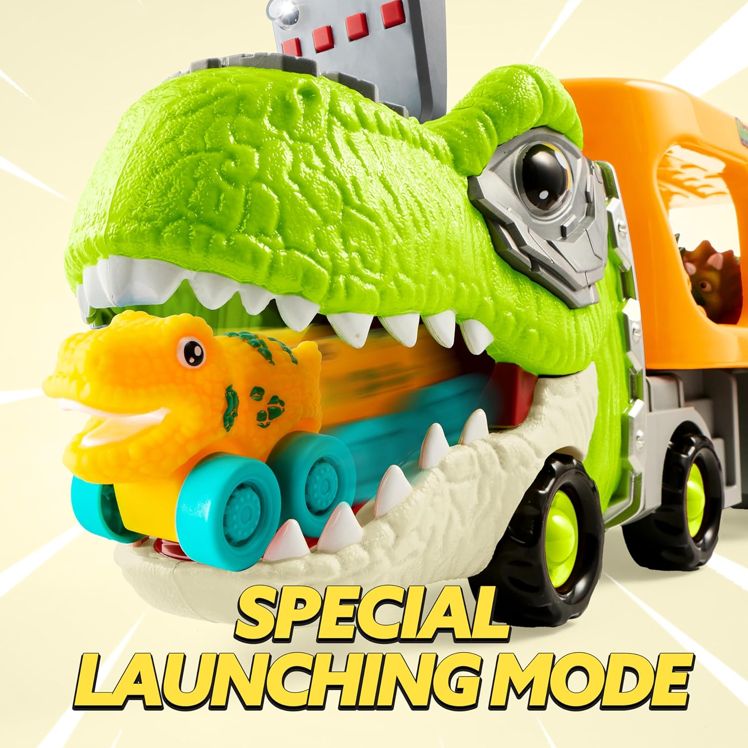JOYIN Dinosaur Truck Toys for Kids, Kids Toys Boys Age 3 4 5, Dinosaur Car Carrier Truck Toy with 6 Rubber Car Vehicles, Toddler Birthday Gifts with Music & Lights for 3 4 5 Year Old Boys image number 2