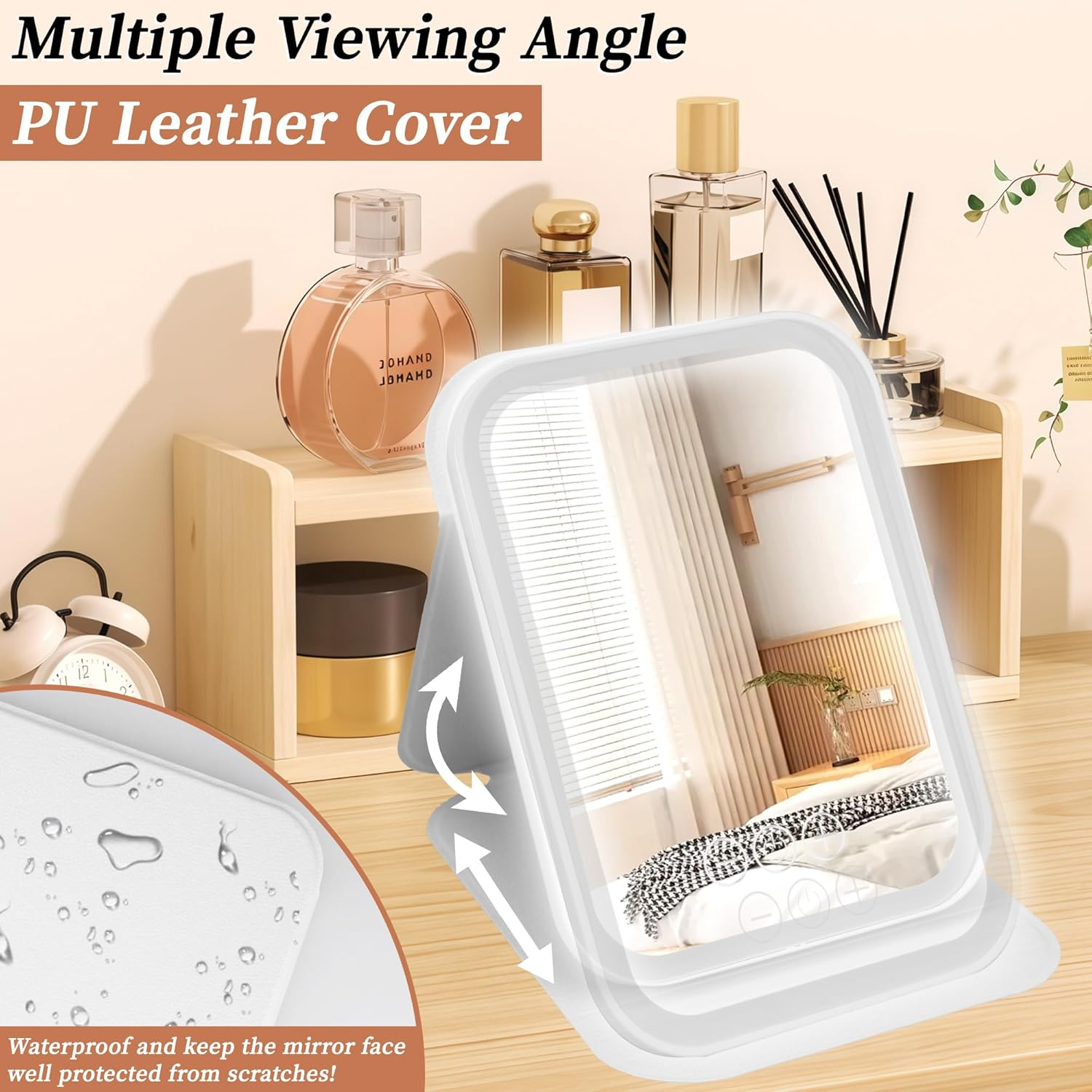 Rechargeable Travel Vanity Mirror with 40 Led Lights, Portable Lighted Beauty Makeup Mirror, 3 Color Lighting, Touch Dimming, Tabletop Folding LED Mirror with Leather Case, White image number 2