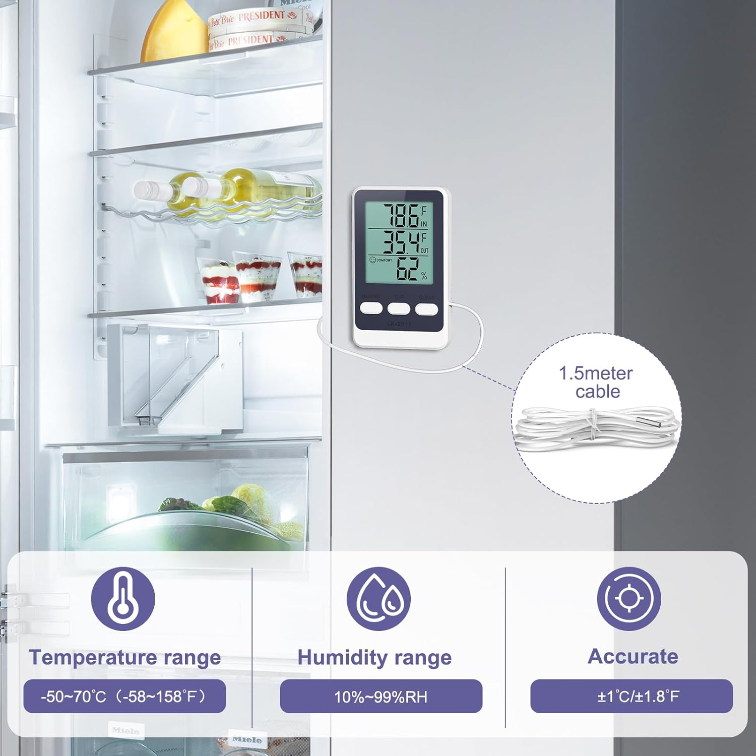 OQIMAX Digital Fridge Thermometer, Refrigerator and Freezer Thermometer with Probe, Indoor Thermometer Hygrometer with Min/Max Record, ℃/℉ Switch, Comfort Icon, Room Thermometer for Fridge, Aquarium image number 2