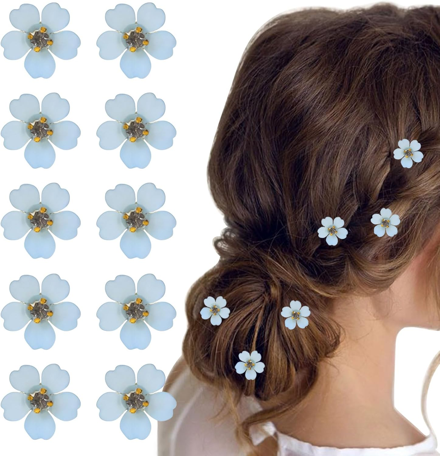 Mezrkuwr 10 Pieces Blue Mini Crystal Flower Hair Clips Summer Beach Braid Hair Accessories for Women Claw Clips Hair Claws Hair Clips Hair Clips for Party Wedding Beach image number 1