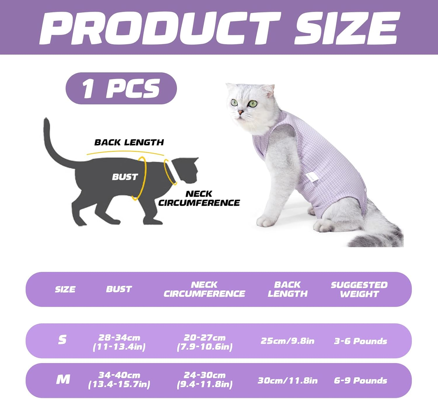 Larfraecy Cat Surgery Recovery Suit,Soft,Breathable,Elastic Fabric,Cat Vest Bodysuit after Surgery,Cat Onesies,Cat Recovery Shirt for Female Male Cat for Abdominal Wounds Prevent Licking (Purple, M) image number 6