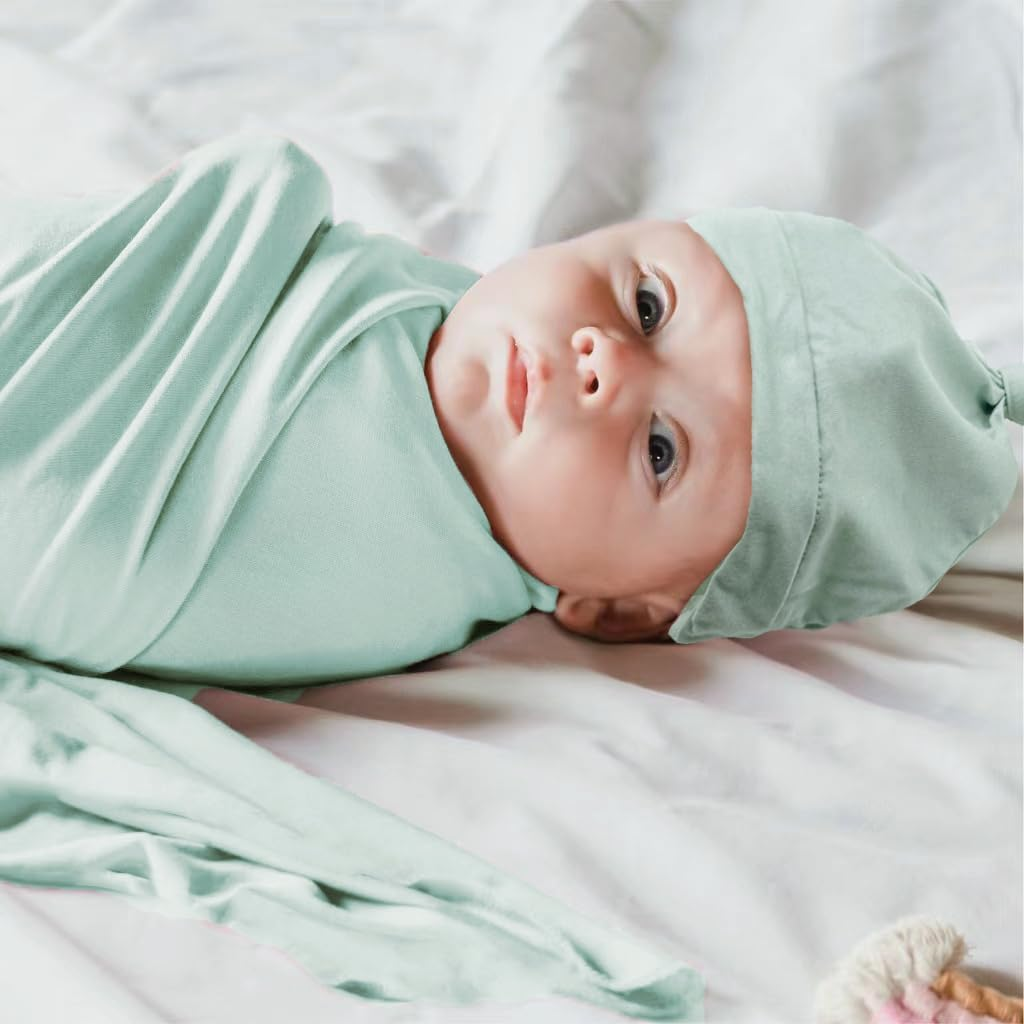 Newborn Swaddle Blanket with Hat Set Baby Swaddle Set Hospital Receiving Blankets for Girls Boys(Sage,35"*35")