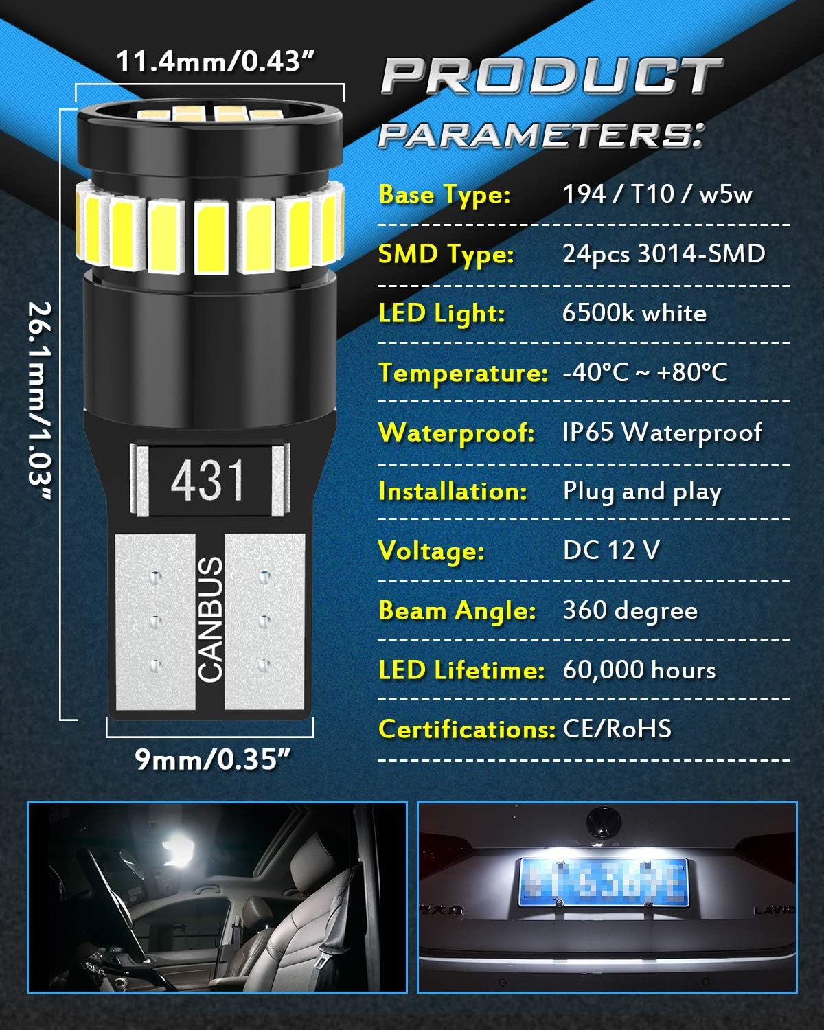 Katur 194 LED Light Bulb 6000K White Super Bright 168 2825 W5W T10 Wedge 24-SMD 3014 Chipsets LED Replacement Bulbs CANBUS Error Free for Car Dome Map Door Courtesy License Plate Lights (10Pcs,White) image number 2