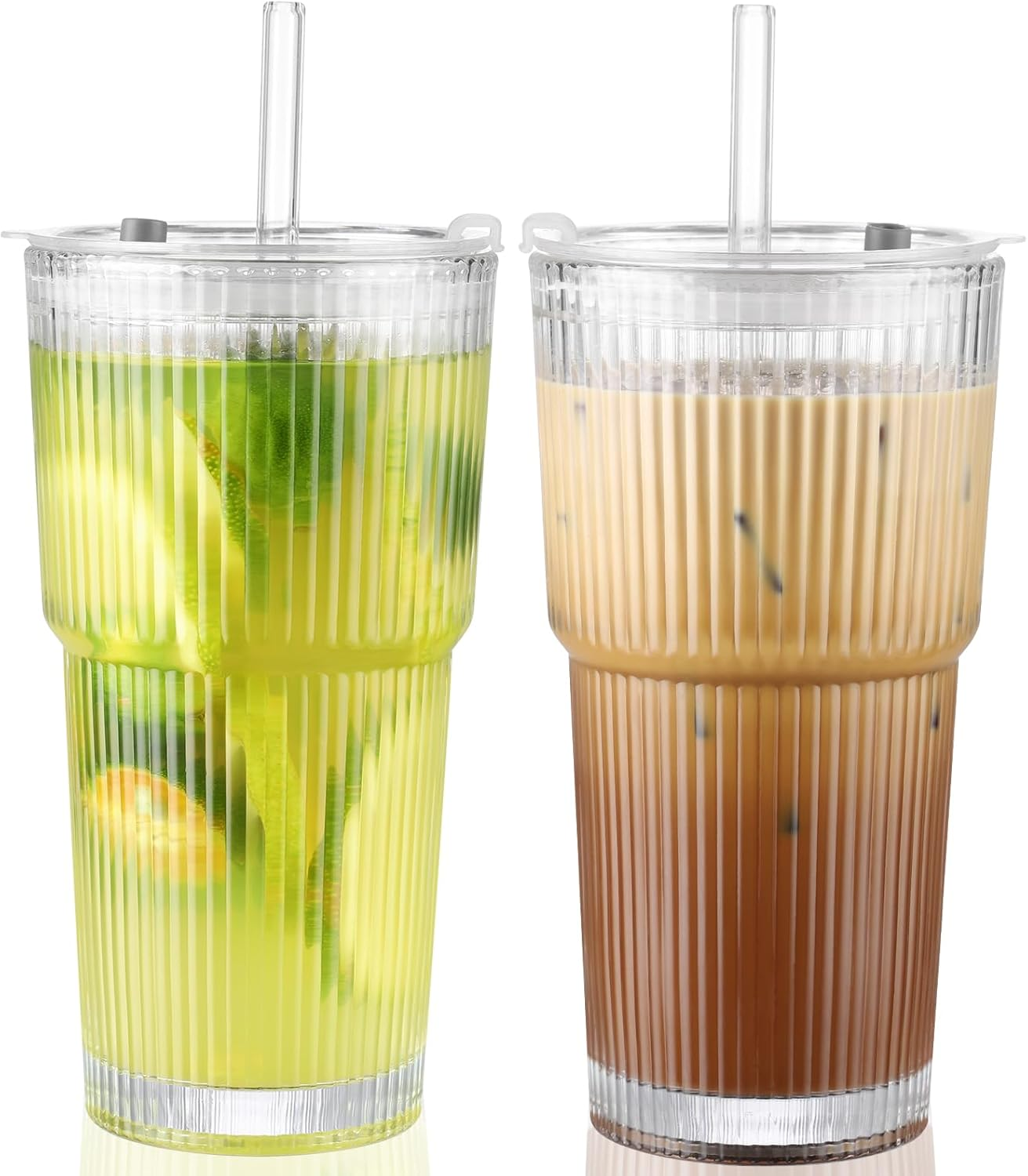 20 Oz Ribbed Glass Cup with Lid and Straw, Glass Tumbler with Straw and Lid, Vintage Glassware for Whiskey Cocktail Beer, Iced Coffee Cups with Lid (1 Pack)