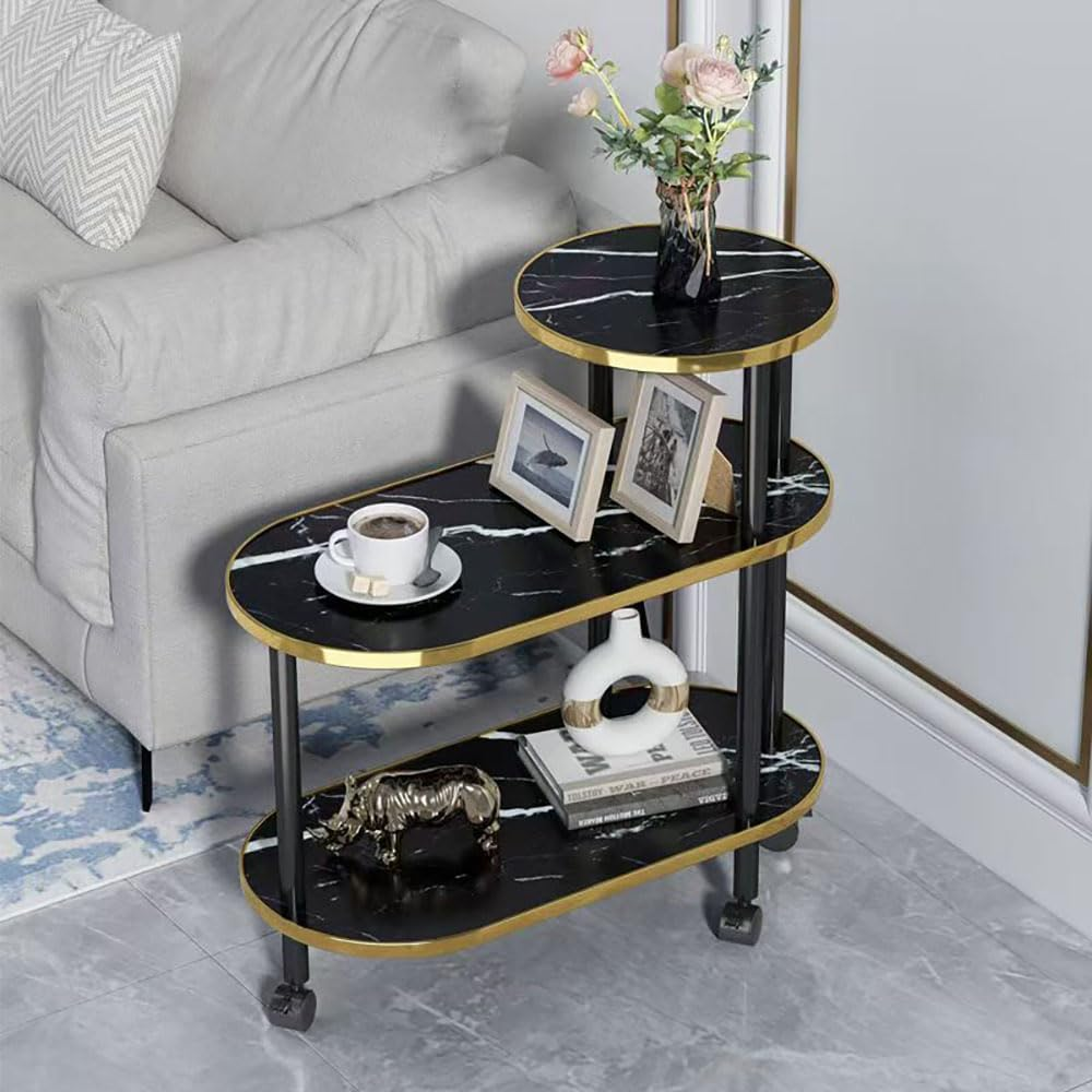 Hbluefat Modern End Table with Wheels, Rolling Sofa Side Table, 3-Tier Nightstand with Storage Shelves, Wood Bedside Table for Small Space, Living Room, Bedroom (Walnut Wood+Golden Edge)